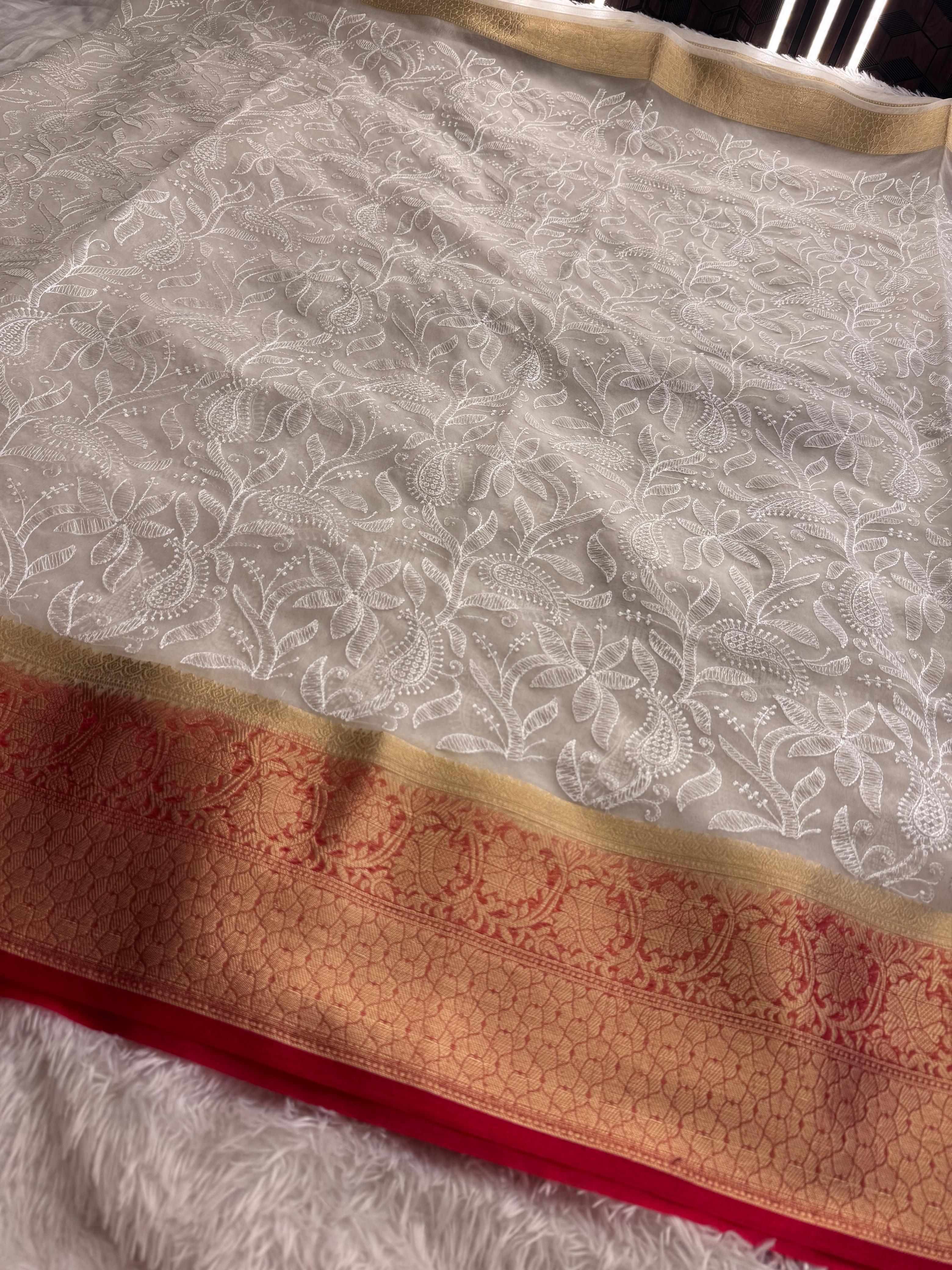 Organza Shimmer Silk Chikankari Resham Embroidery Work Saree
