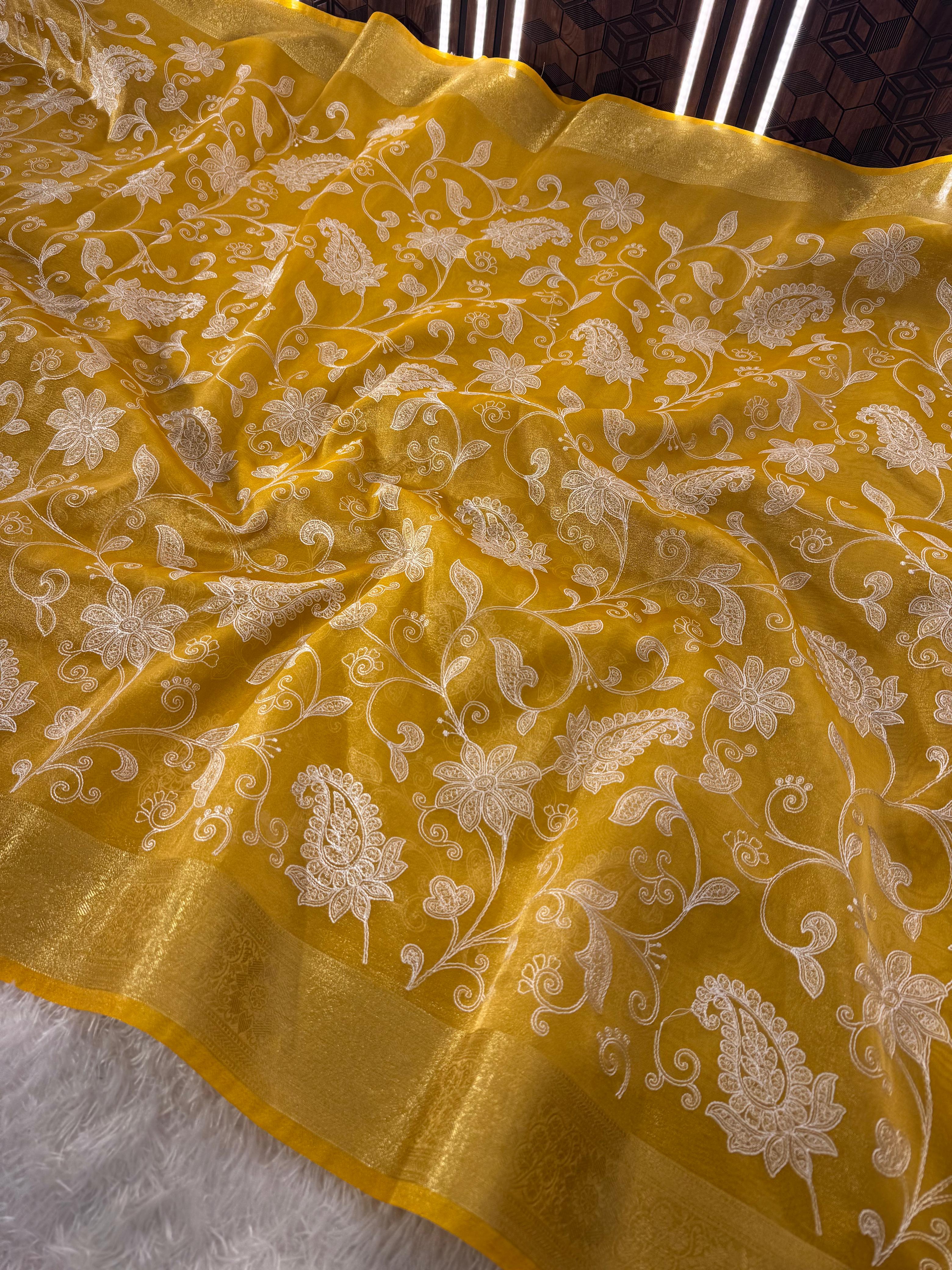 Premium Banarasi Tissue Silk Chikankari Embroidery Work Saree