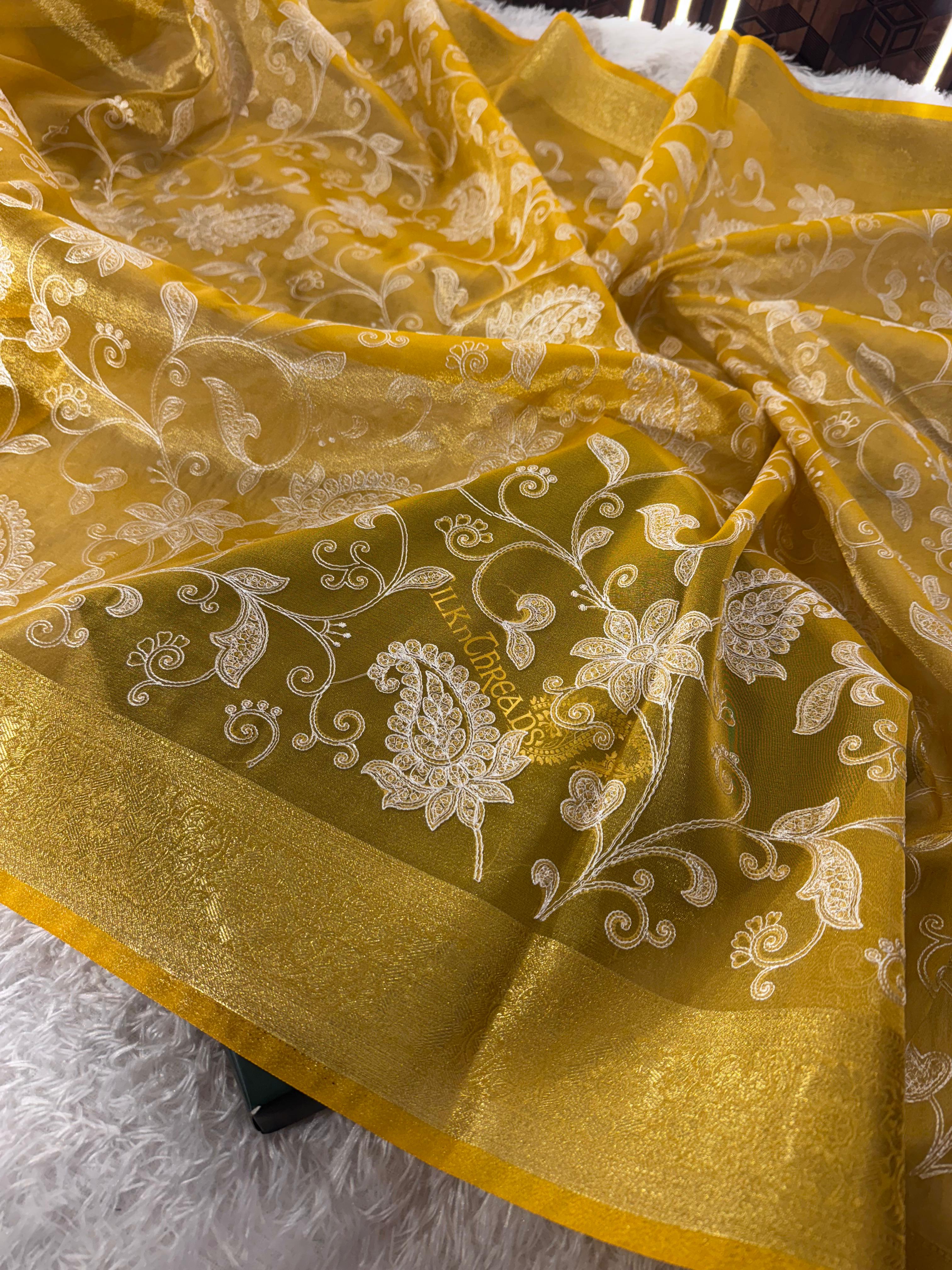 Premium Banarasi Tissue Silk Chikankari Embroidery Work Saree