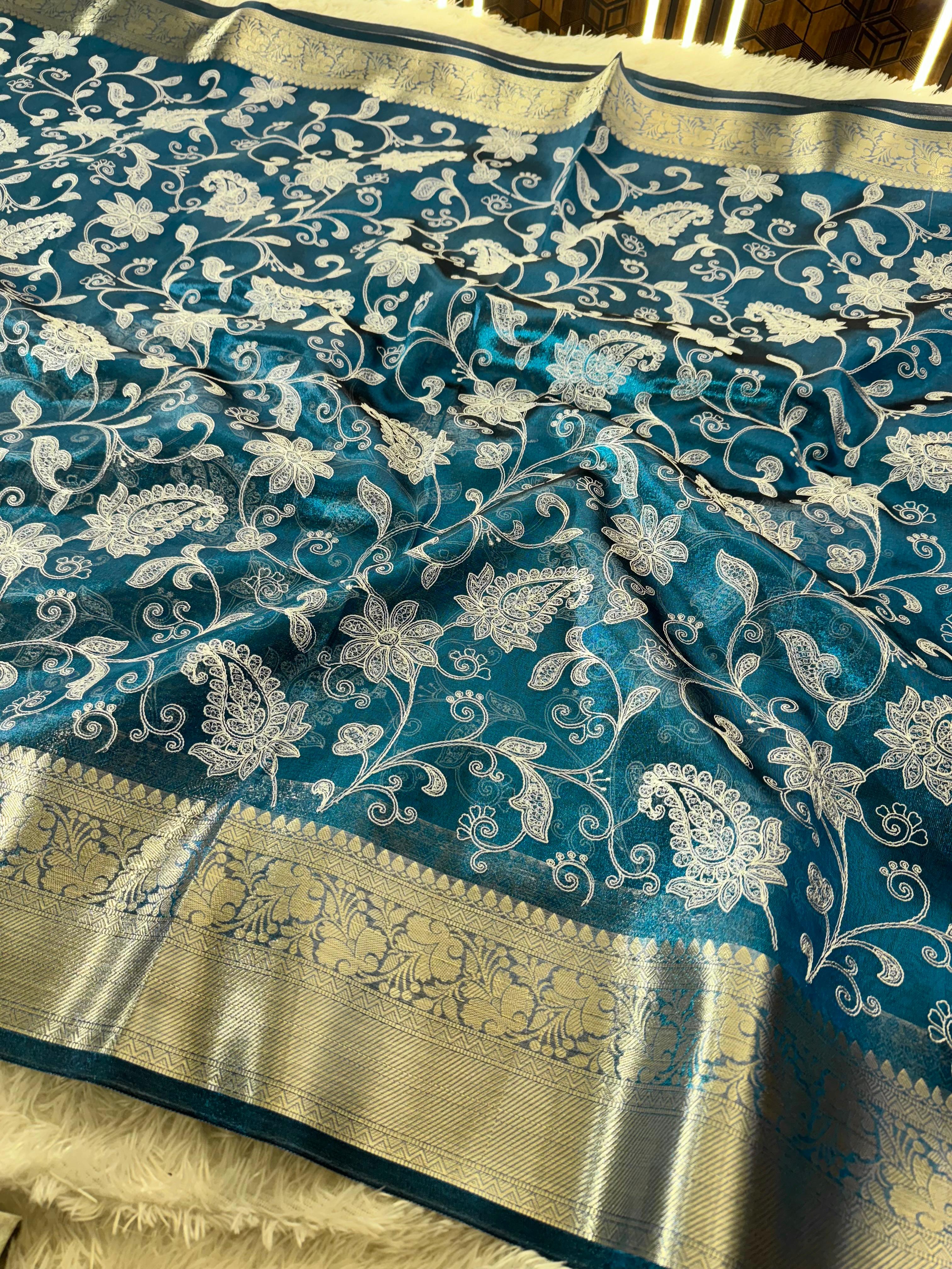 Premium Banarasi Tissue Silk Chikankari Embroidery Work Saree