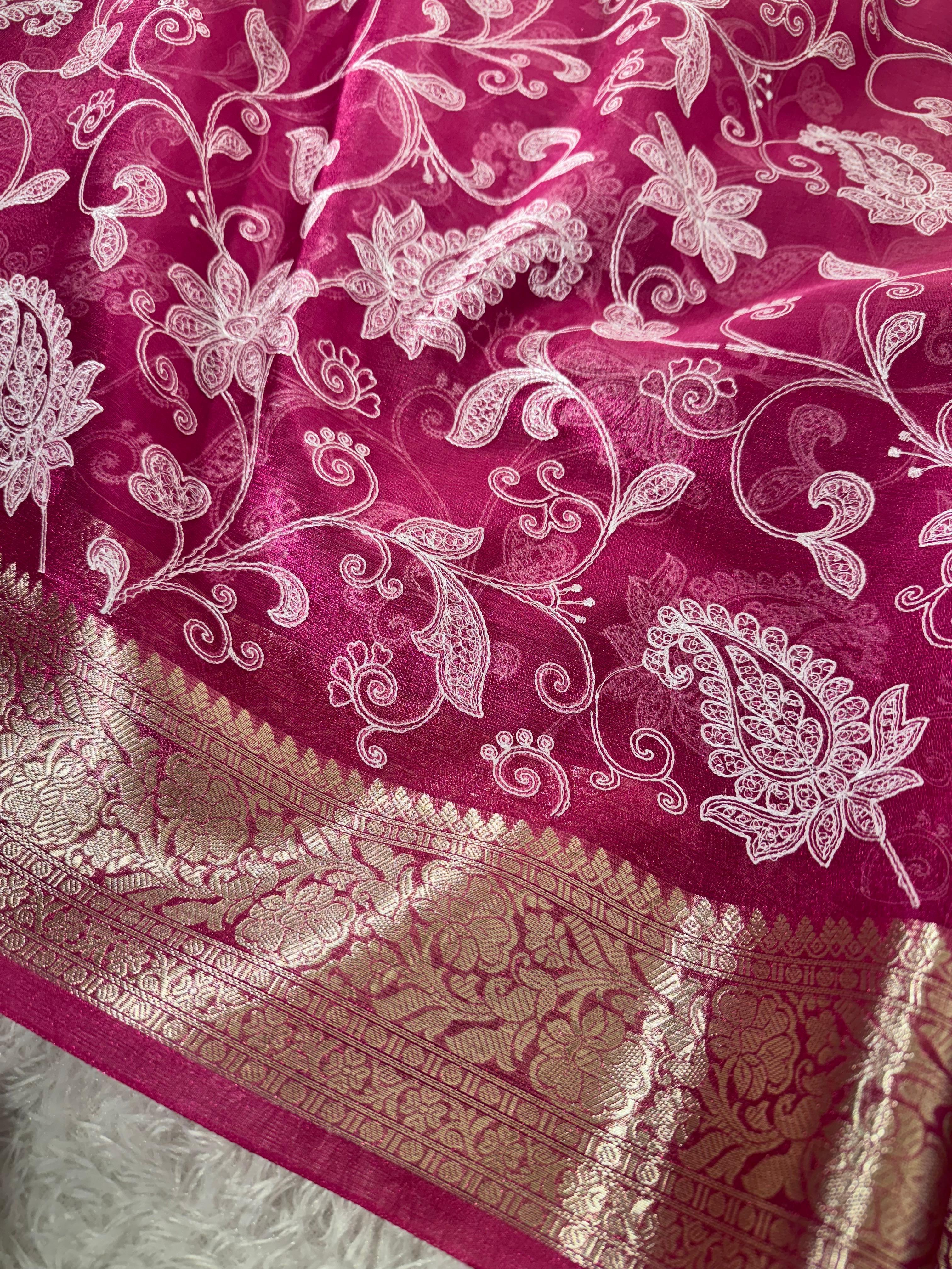 Premium Banarasi Tissue Silk Chikankari Embroidery Work Saree