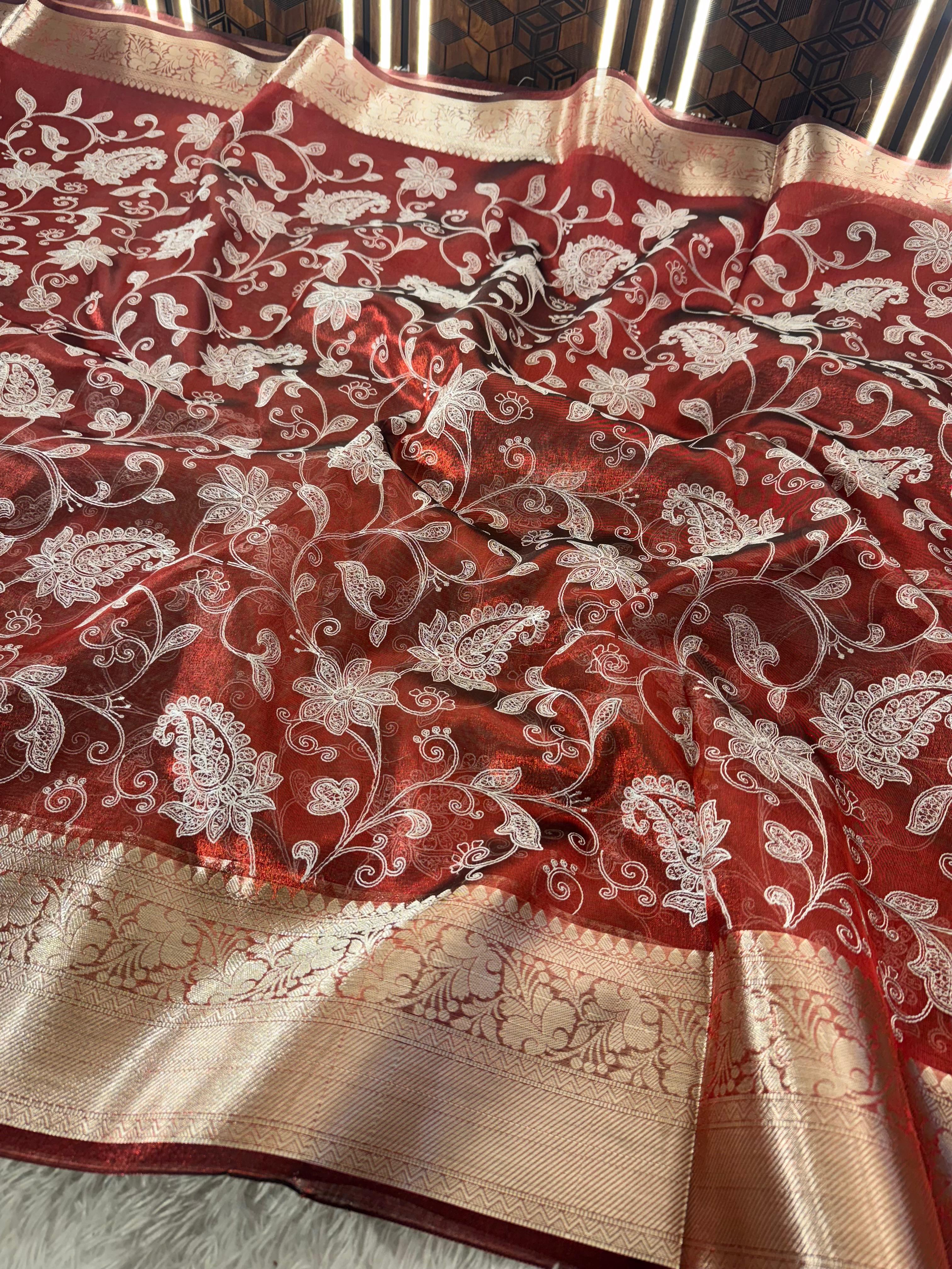 Premium Banarasi Tissue Silk Chikankari Embroidery Work Saree