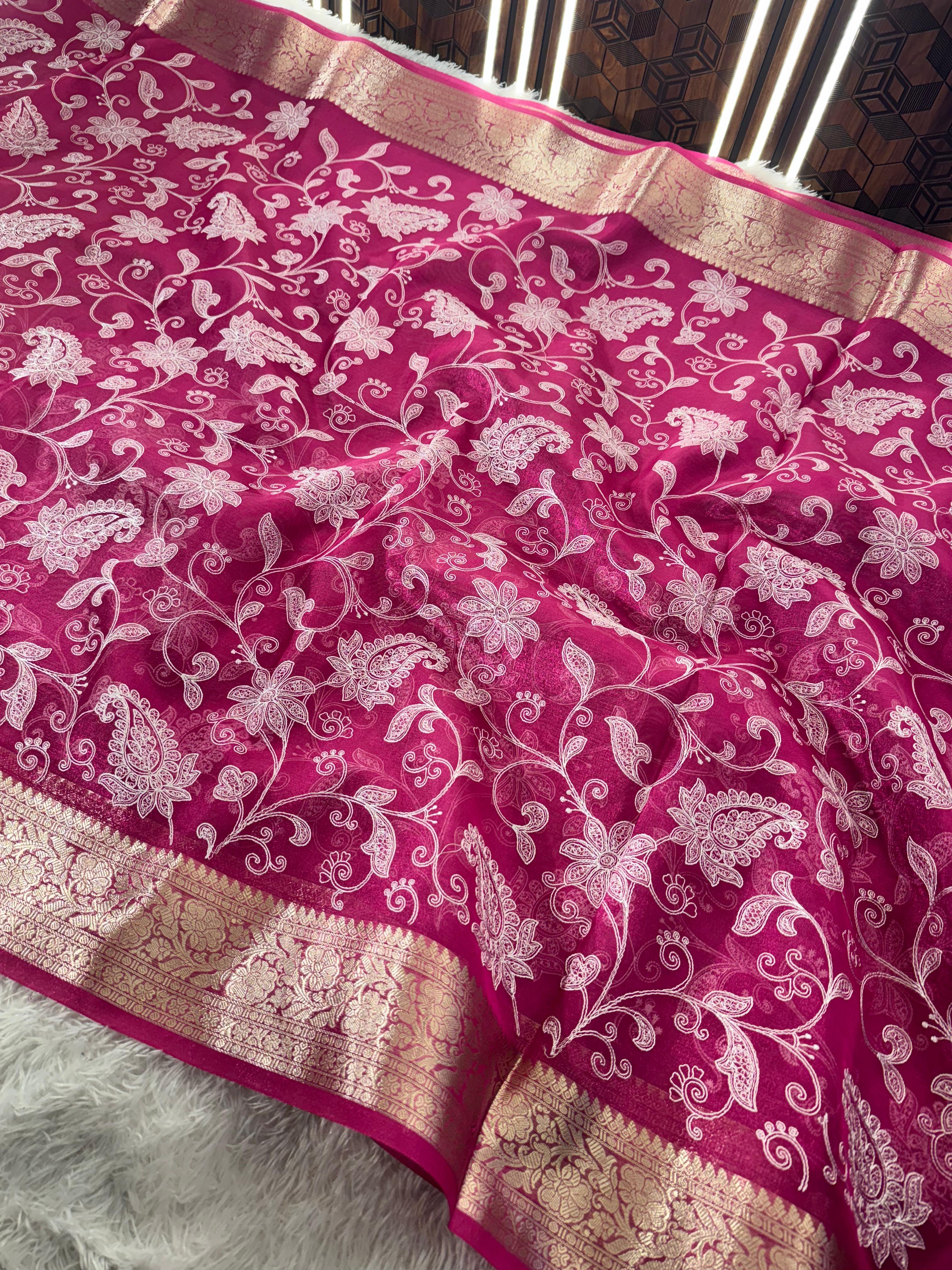 Premium Banarasi Tissue Silk Chikankari Embroidery Work Saree