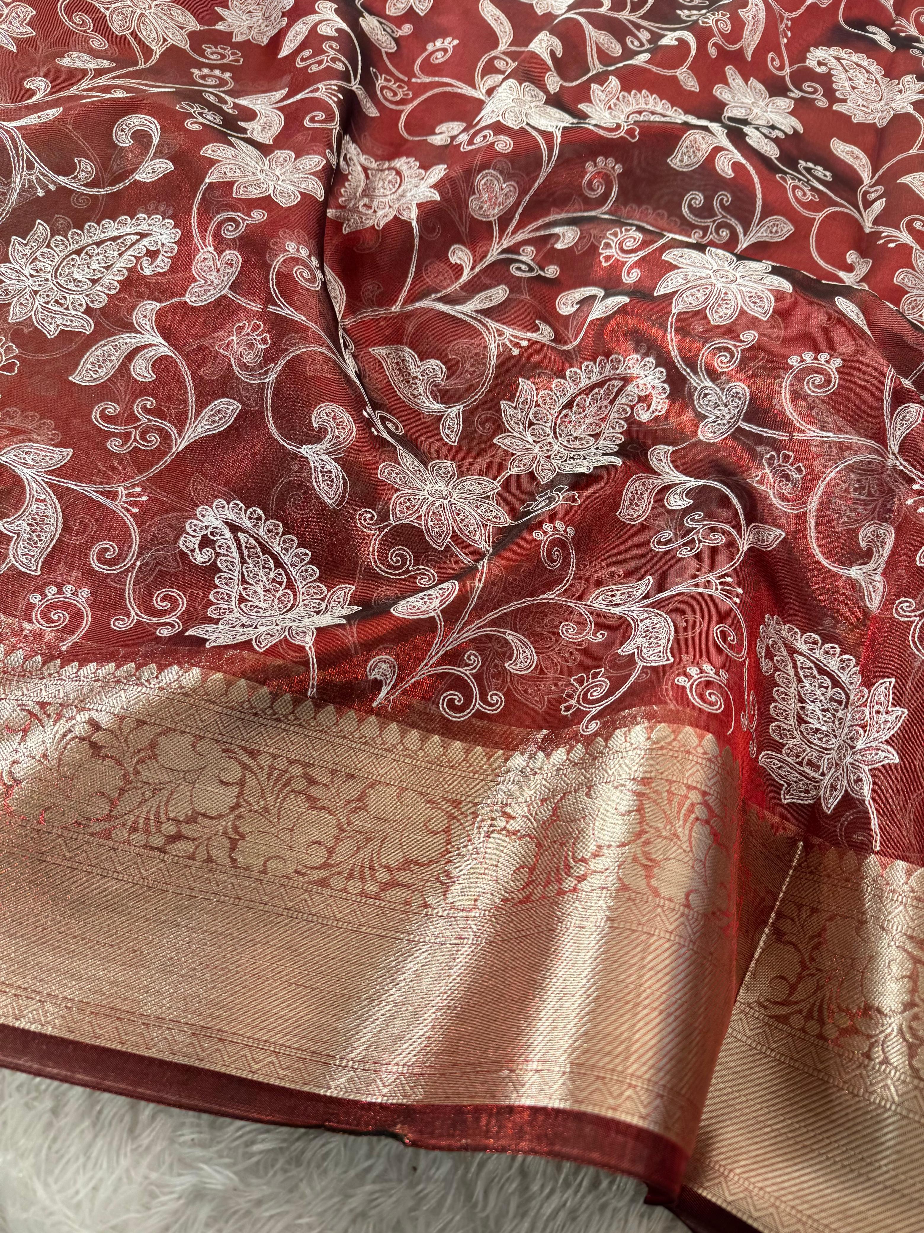 Premium Banarasi Tissue Silk Chikankari Embroidery Work Saree