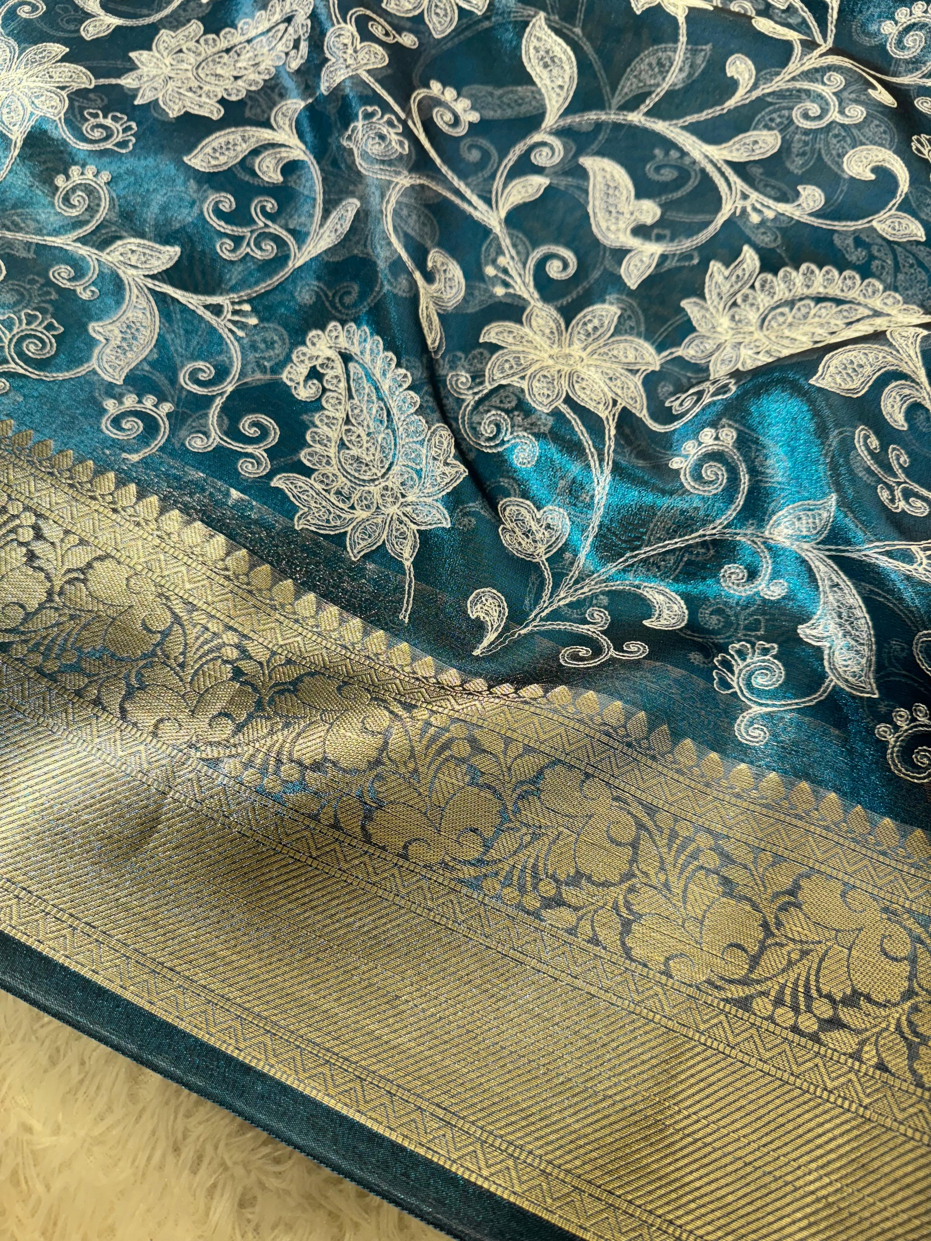 Premium Banarasi Tissue Silk Chikankari Embroidery Work Saree