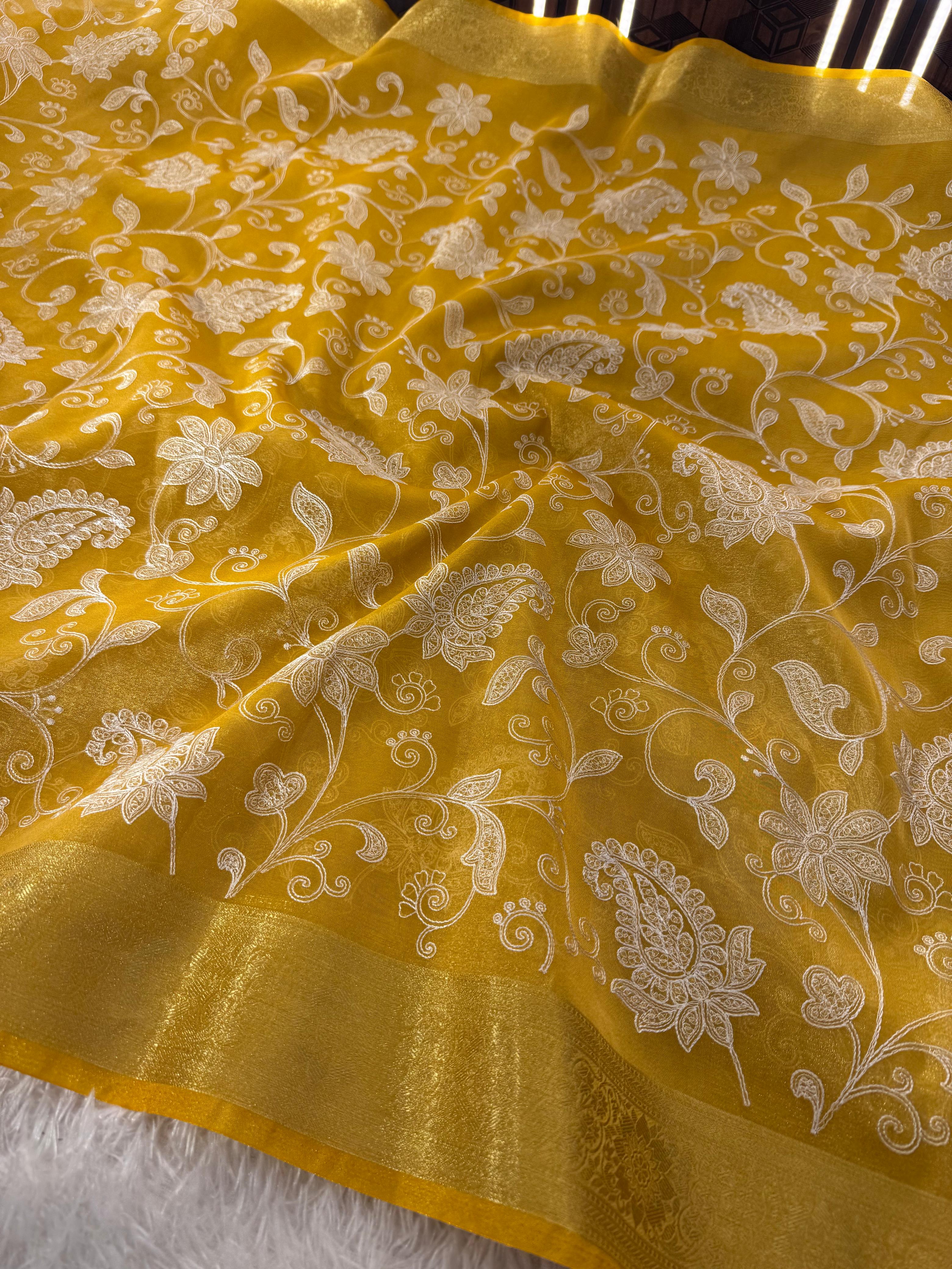 Premium Banarasi Tissue Silk Chikankari Embroidery Work Saree
