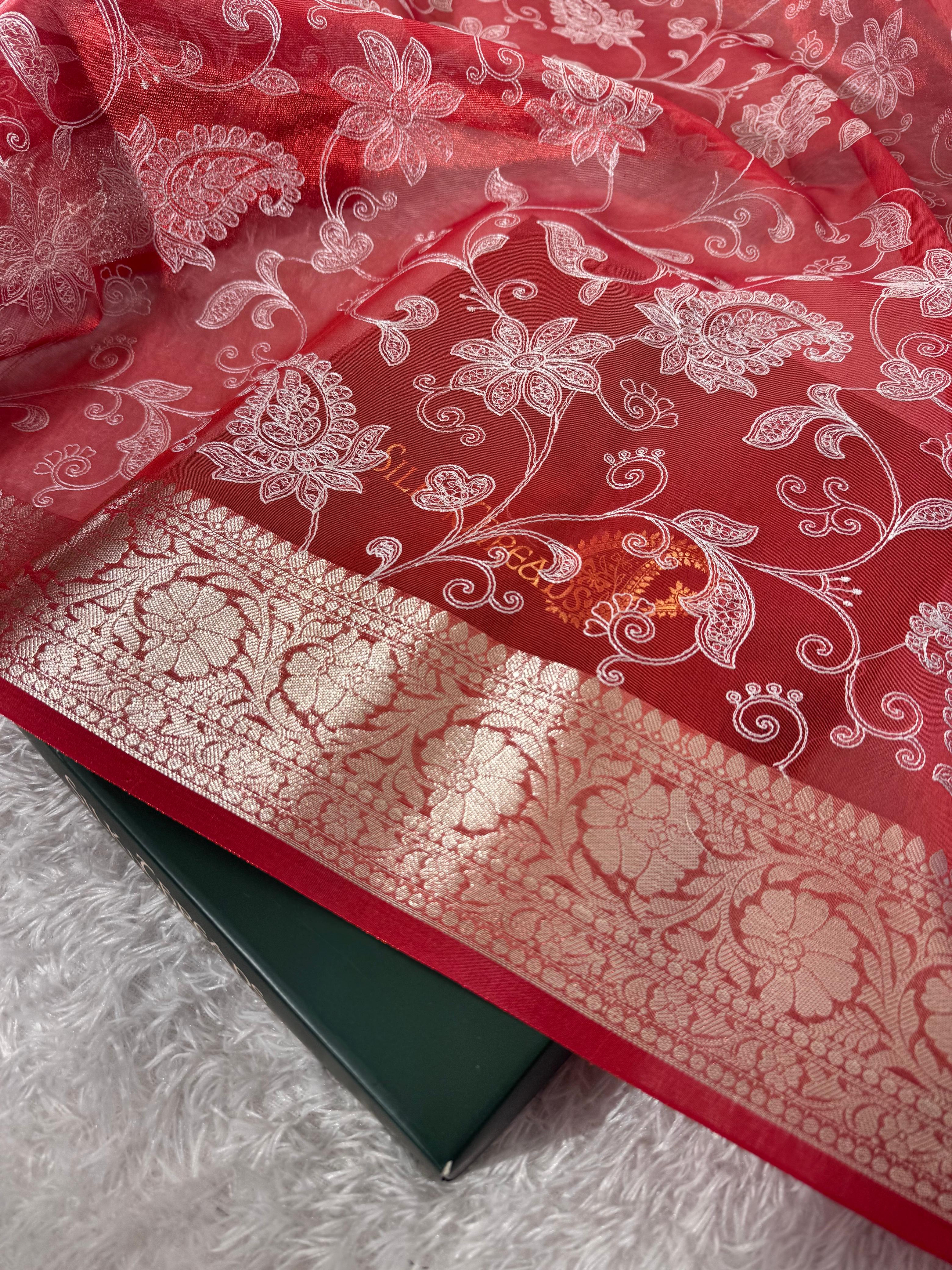 Premium Banarasi Tissue Silk Chikankari Embroidery Work Saree