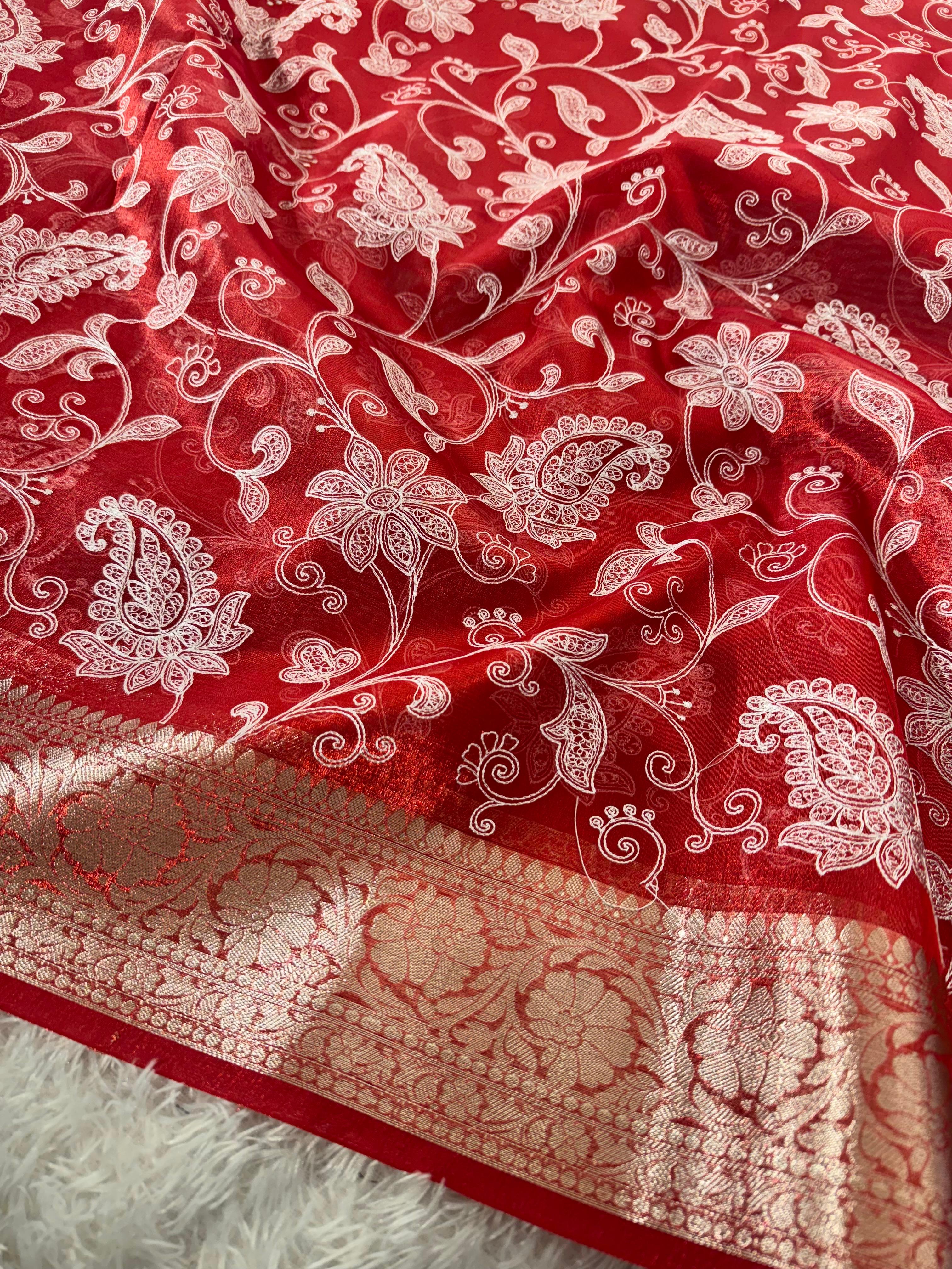 Premium Banarasi Tissue Silk Chikankari Embroidery Work Saree
