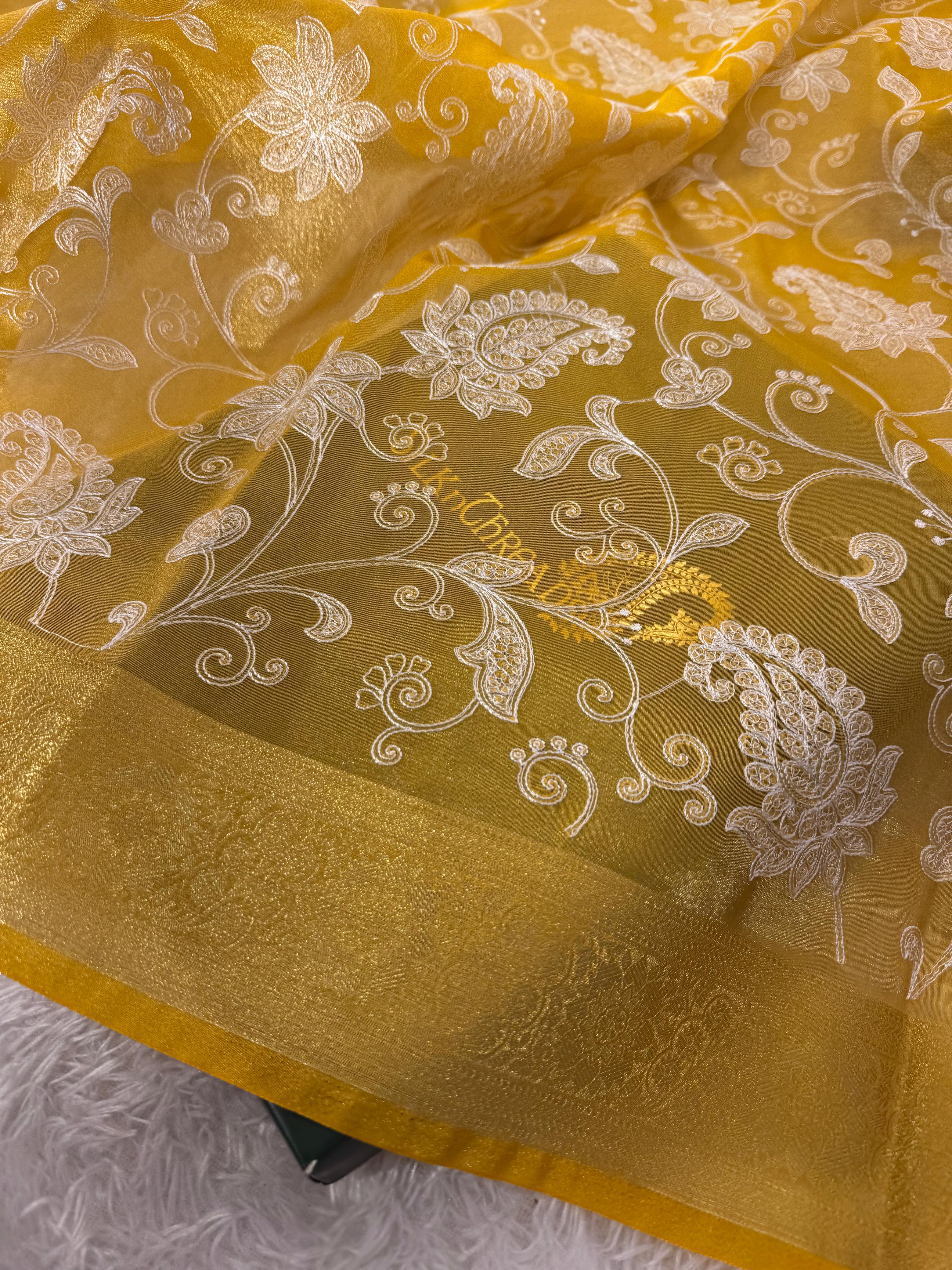 Premium Banarasi Tissue Silk Chikankari Embroidery Work Saree