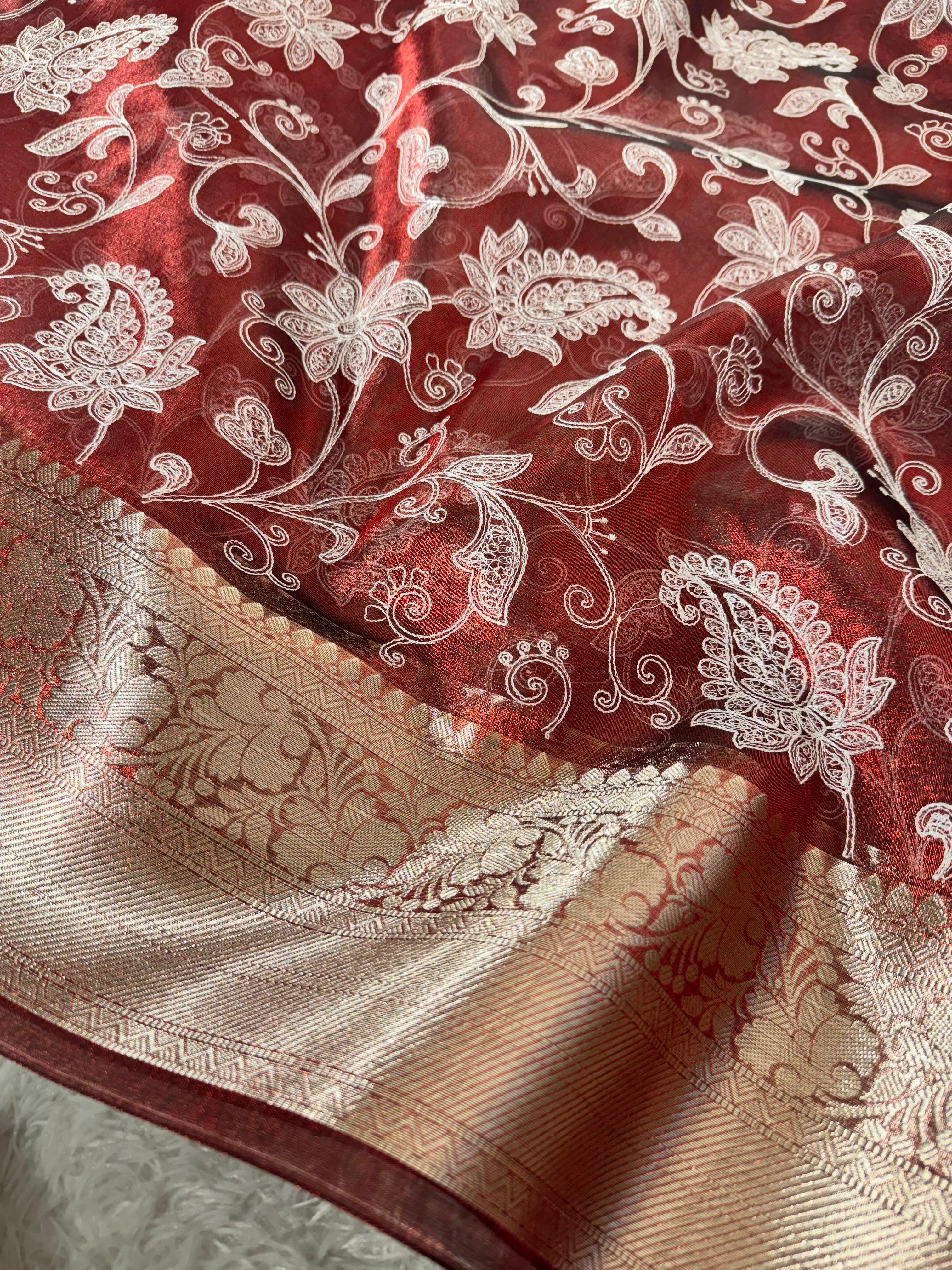 Premium Banarasi Tissue Silk Chikankari Embroidery Work Saree