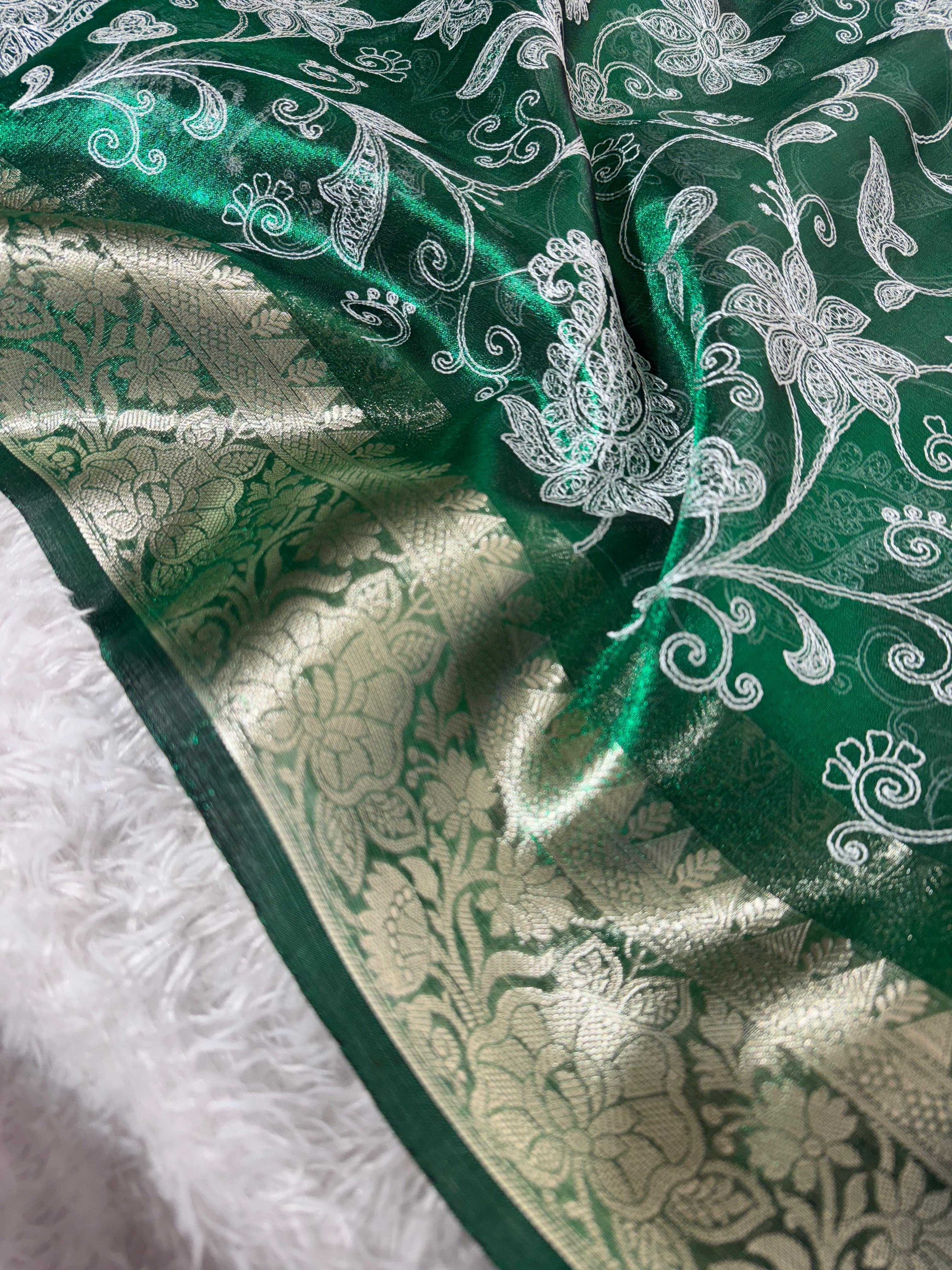 Premium Banarasi Tissue Silk Chikankari Embroidery Work Saree