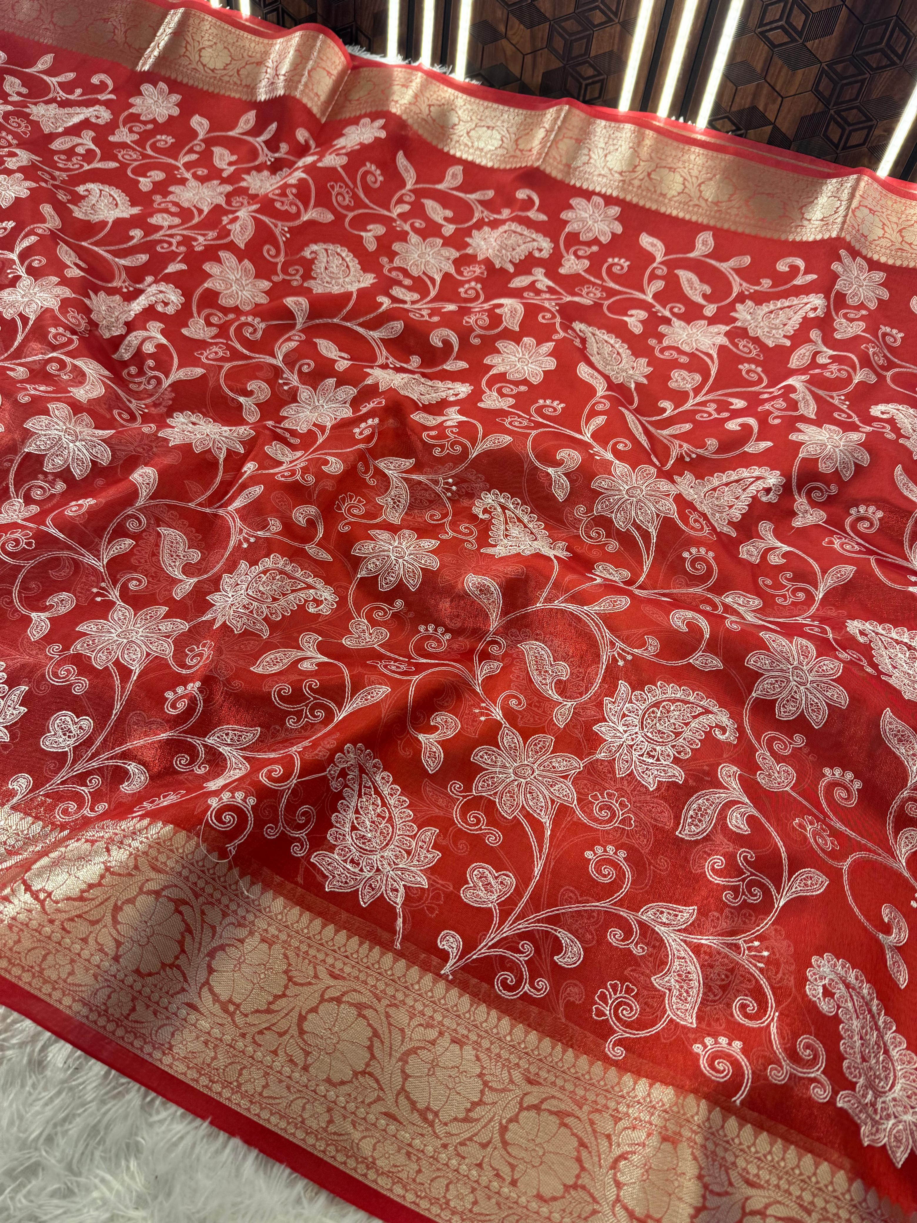 Premium Banarasi Tissue Silk Chikankari Embroidery Work Saree