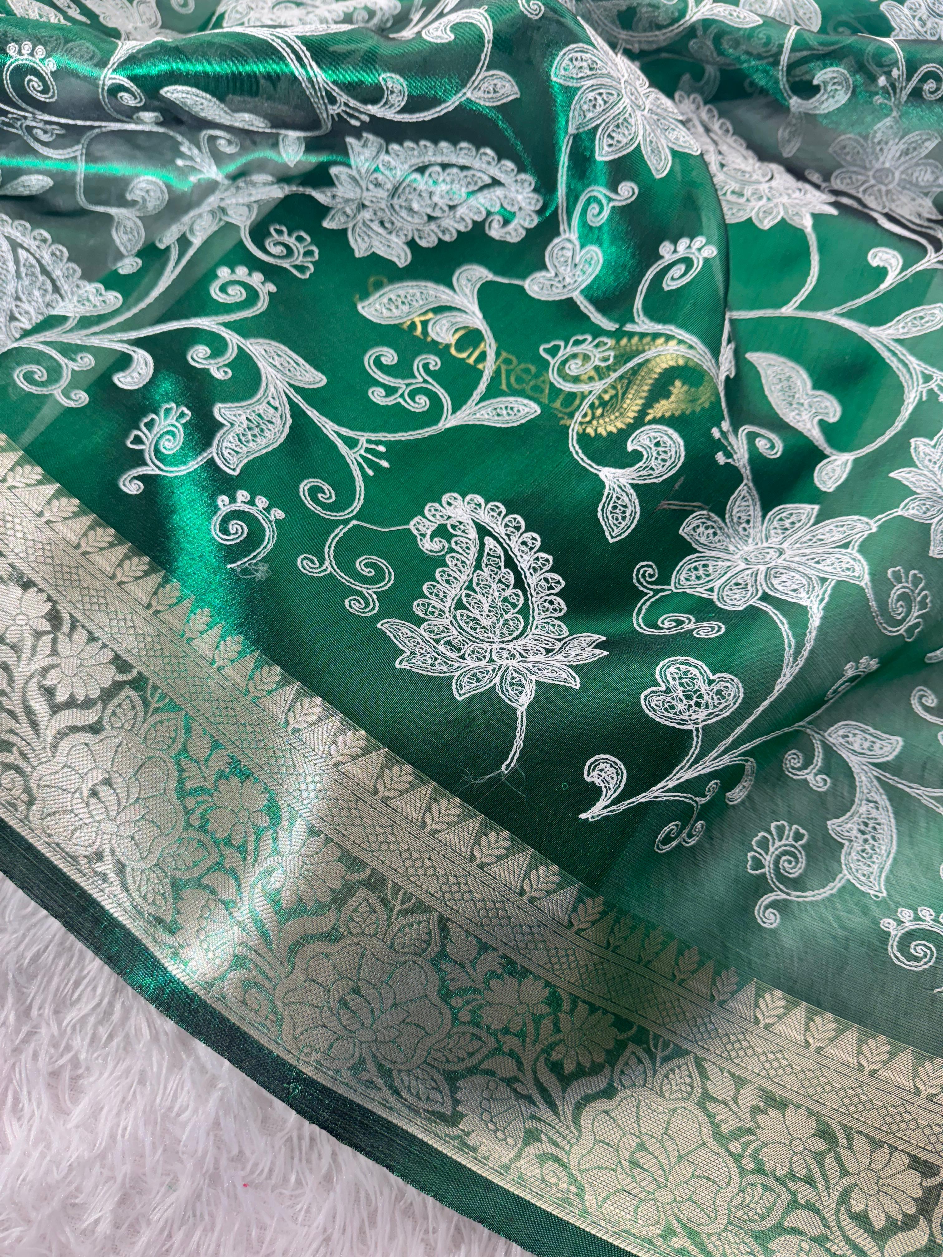 Premium Banarasi Tissue Silk Chikankari Embroidery Work Saree