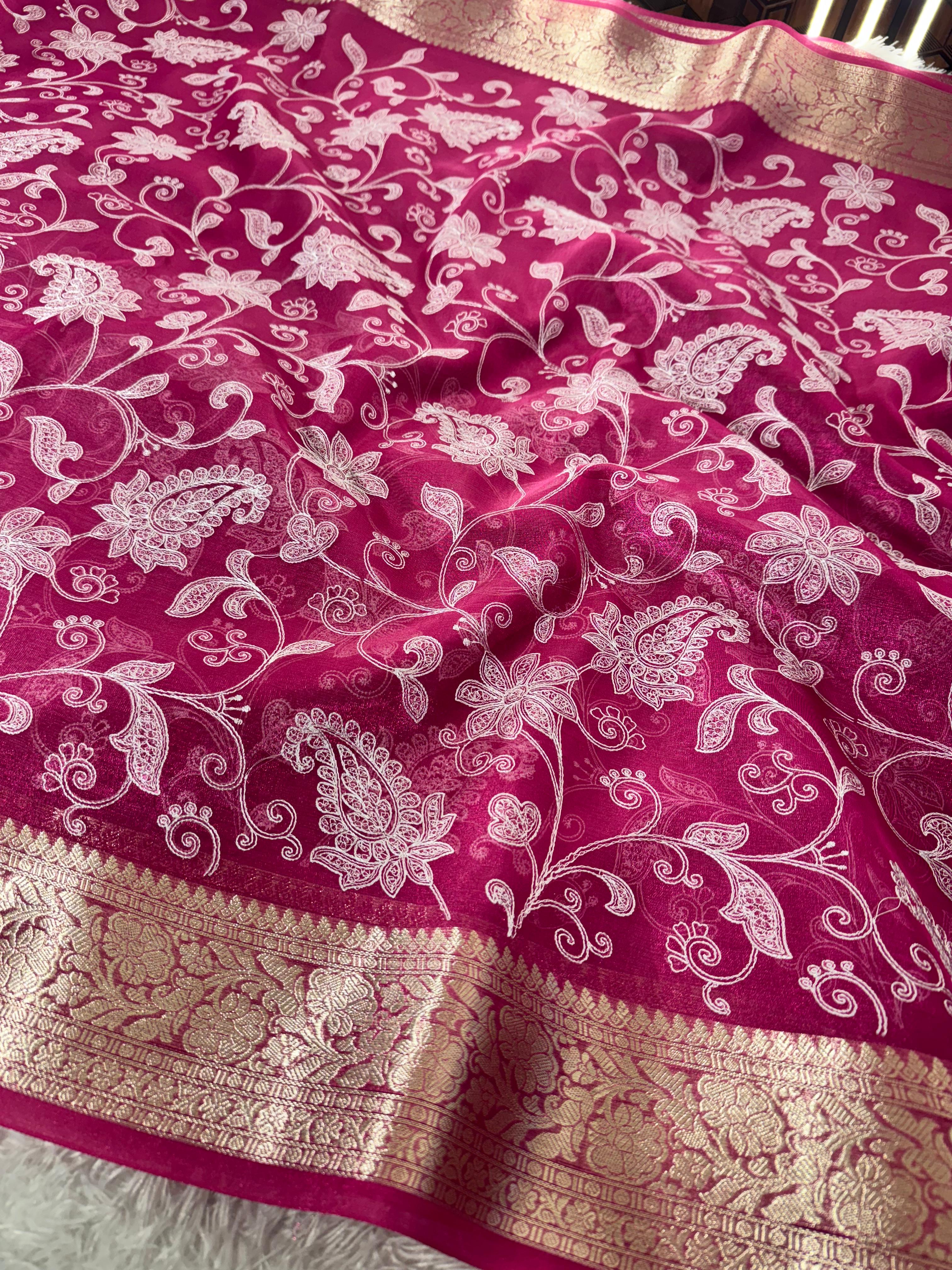 Premium Banarasi Tissue Silk Chikankari Embroidery Work Saree