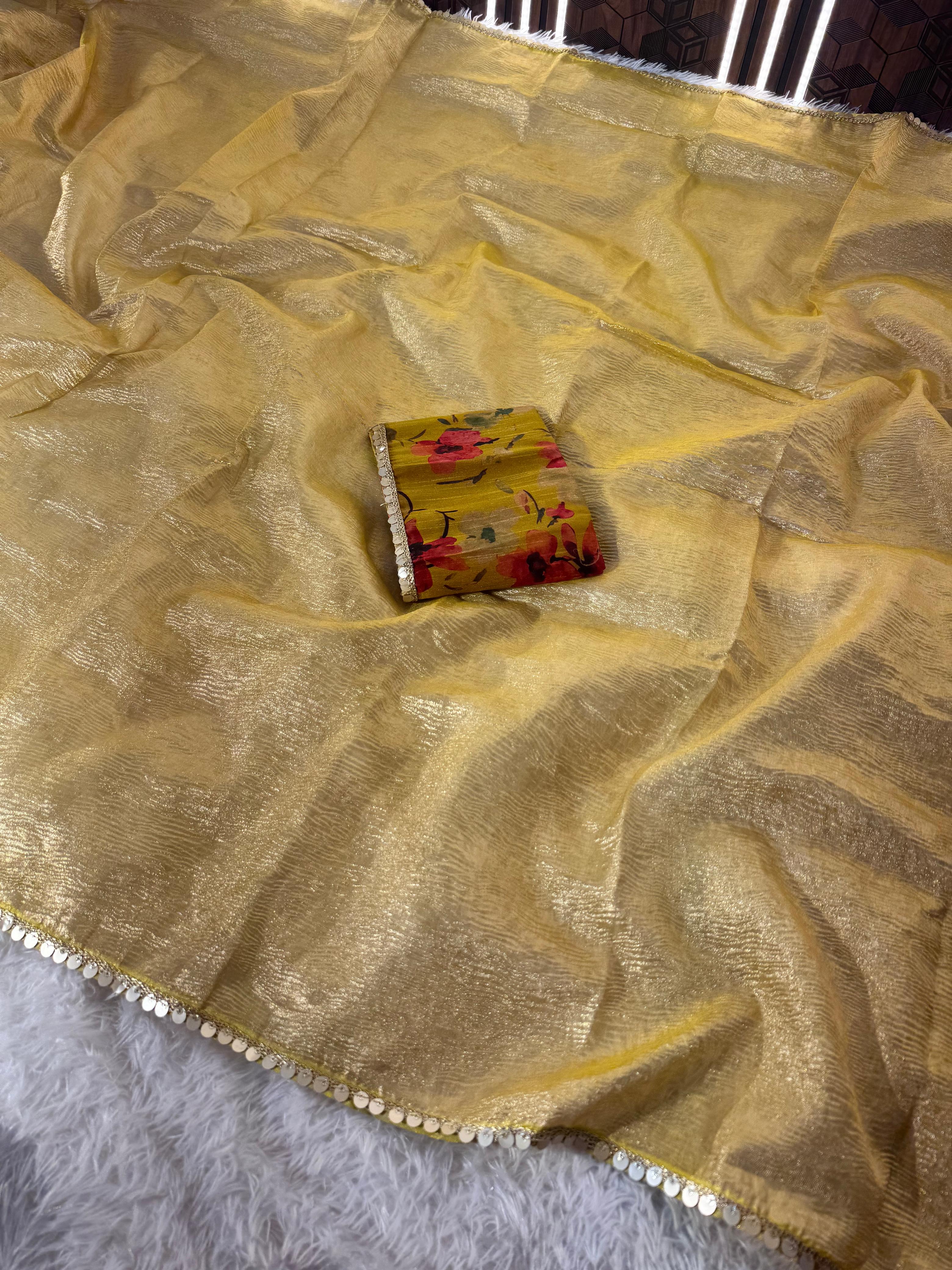 Tissue Silk Saree with Designer Lace and Crush Pattern