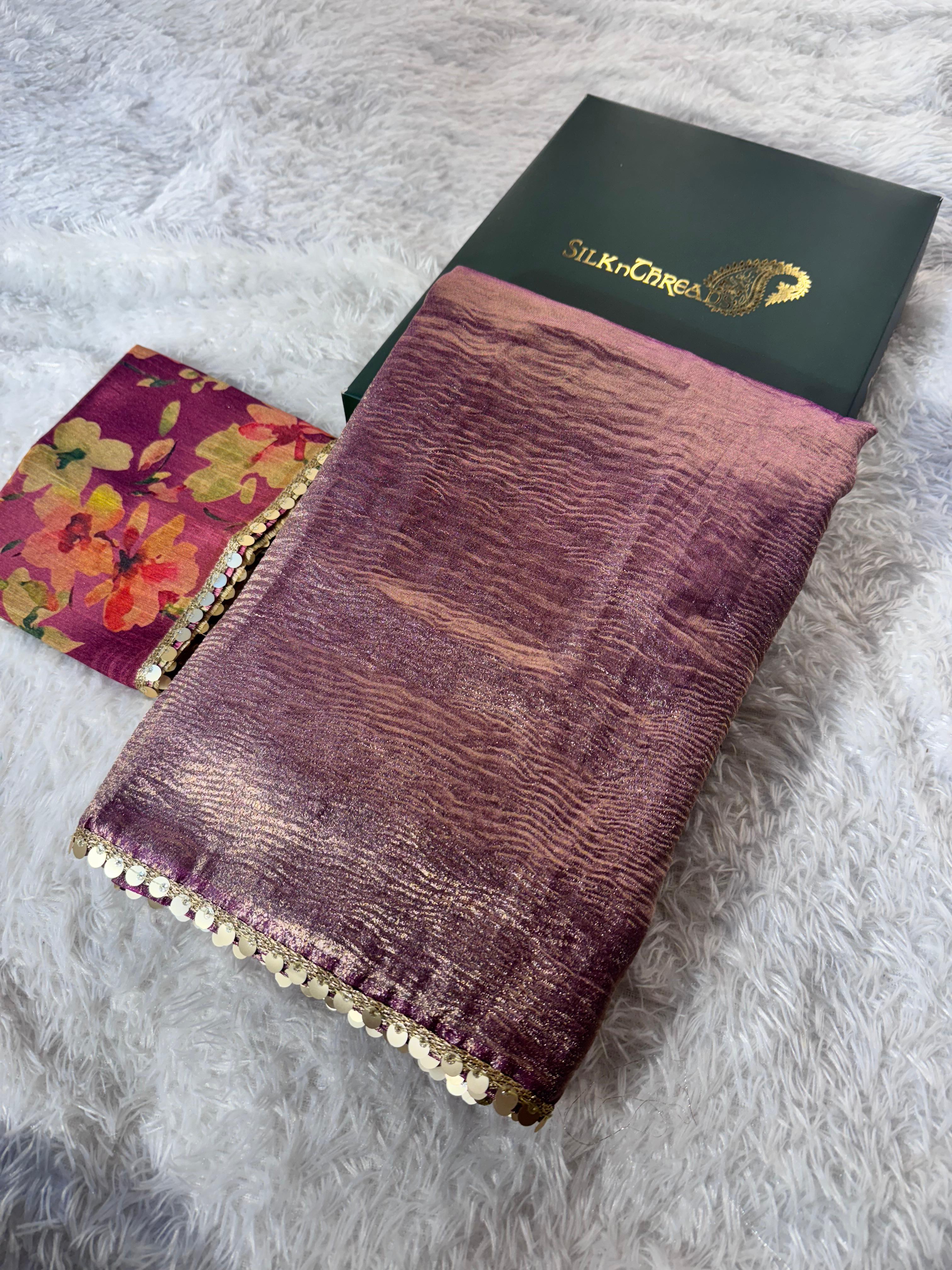 Tissue Silk Saree with Designer Lace and Crush Pattern