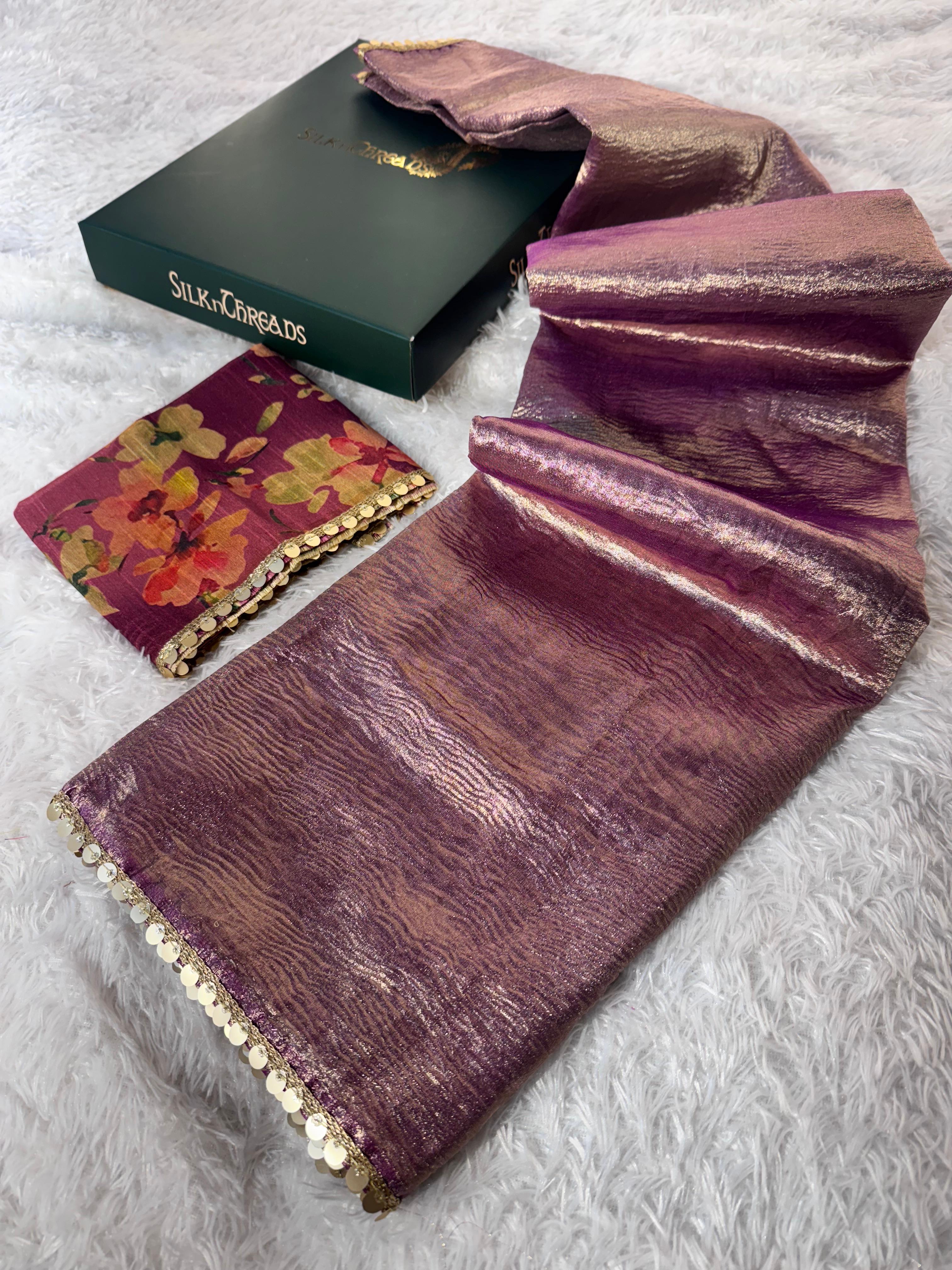 Tissue Silk Saree with Designer Lace and Crush Pattern