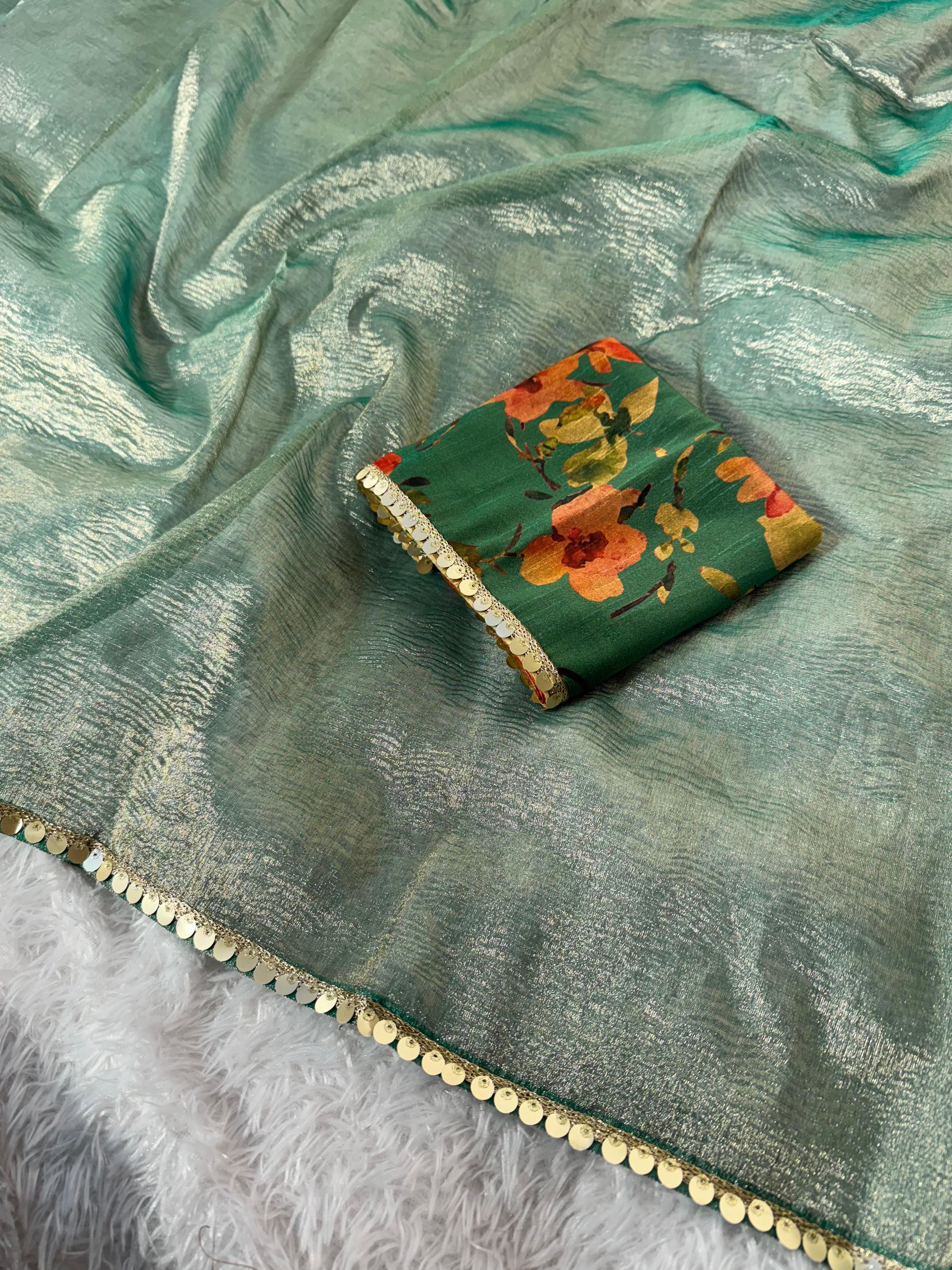 Tissue Silk Saree with Designer Lace and Crush Pattern