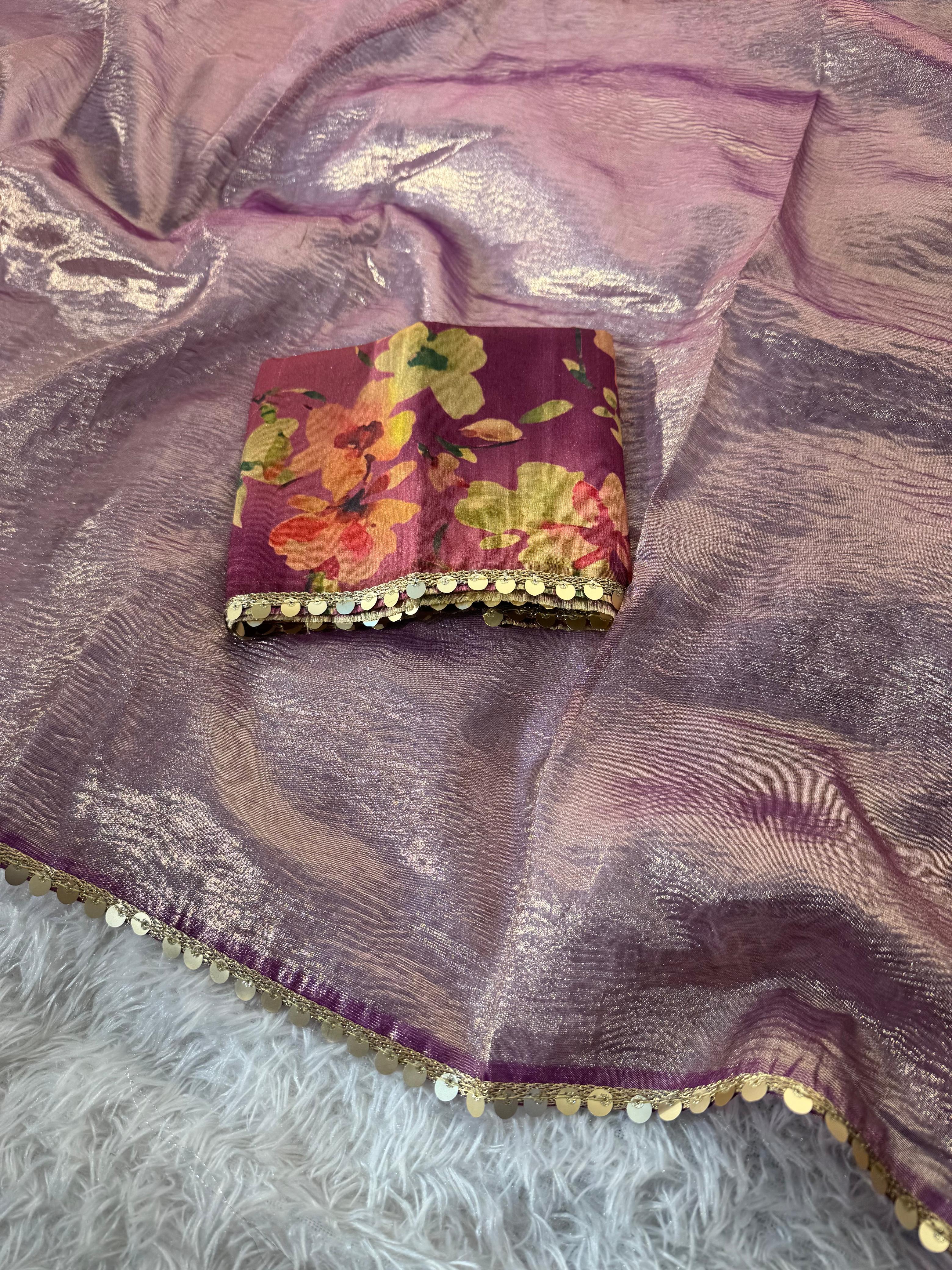 Tissue Silk Saree with Designer Lace and Crush Pattern