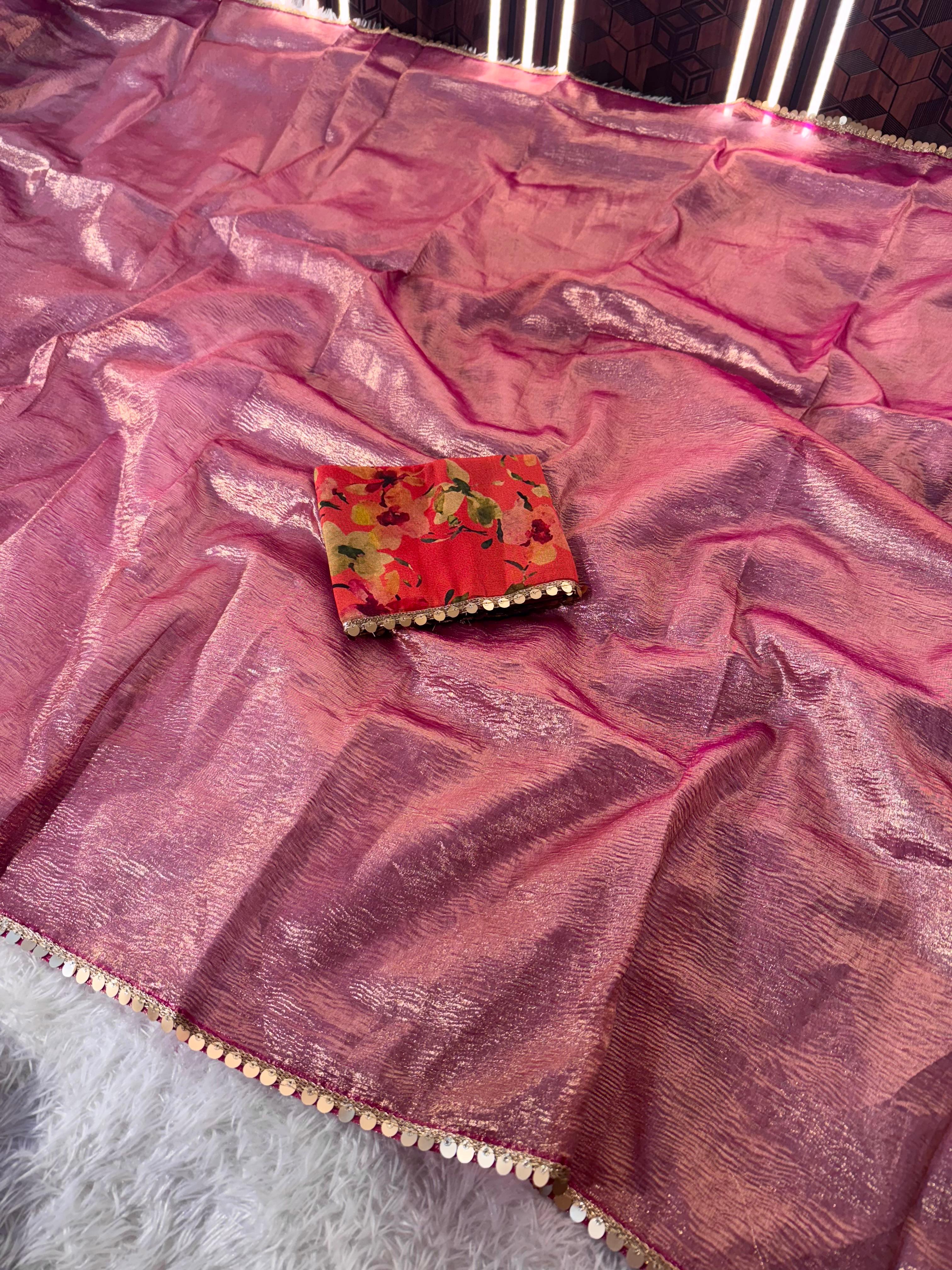 Tissue Silk Saree with Designer Lace and Crush Pattern