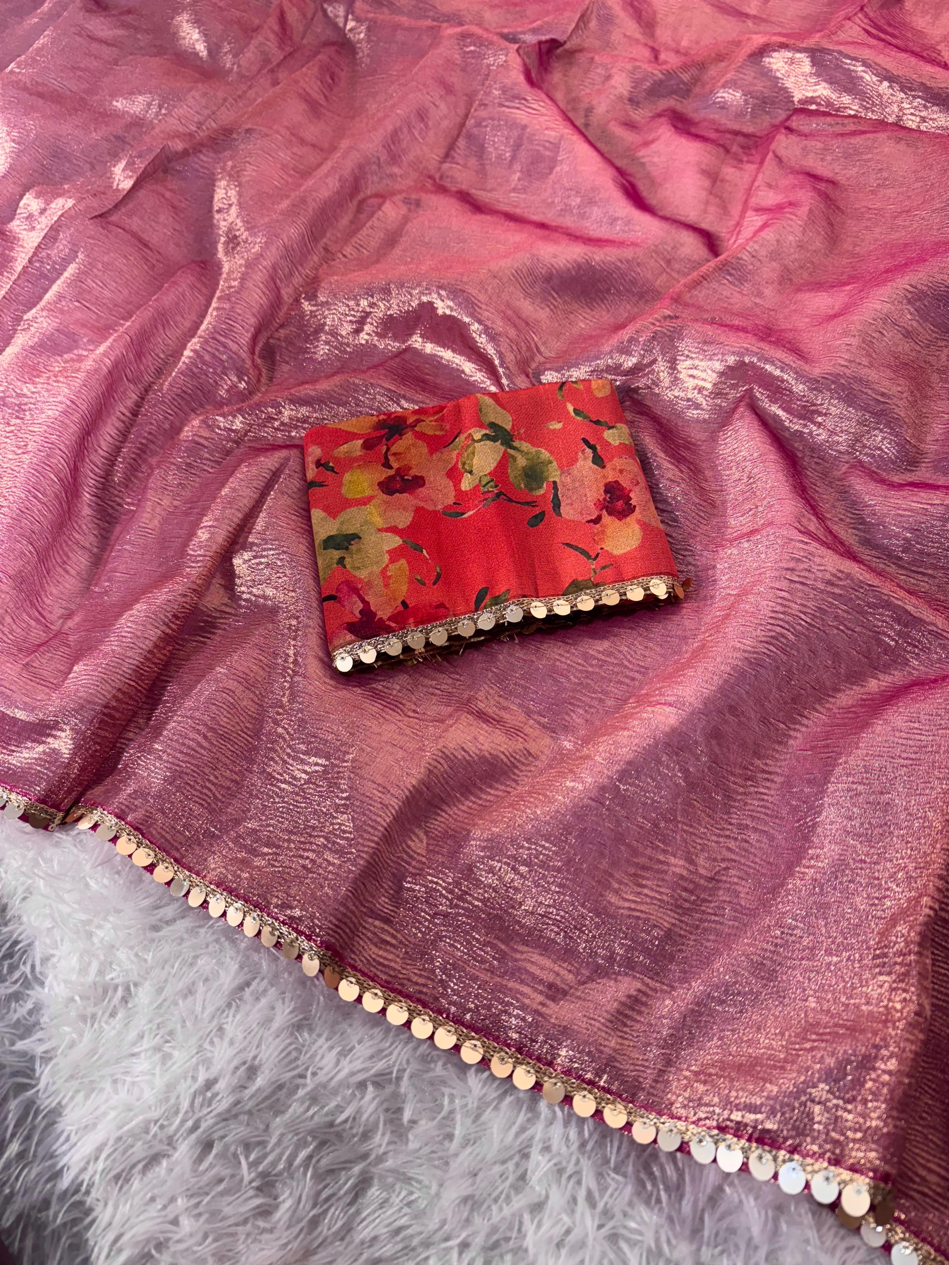 Tissue Silk Saree with Designer Lace and Crush Pattern