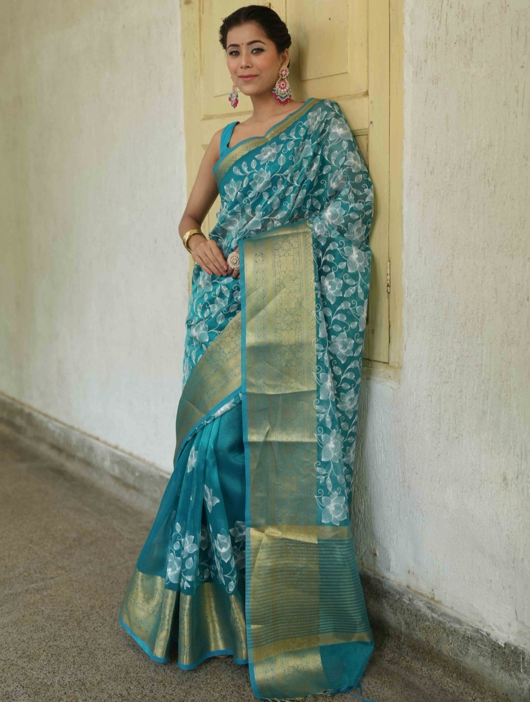 Organza Silk Chikankari Resham Embroidery Work Saree