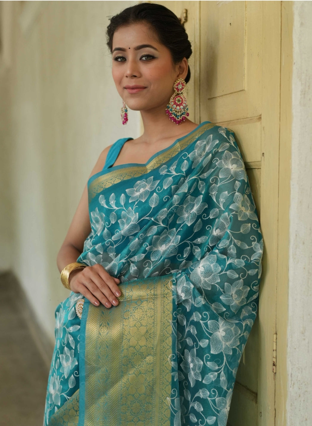 Organza Silk Chikankari Resham Embroidery Work Saree