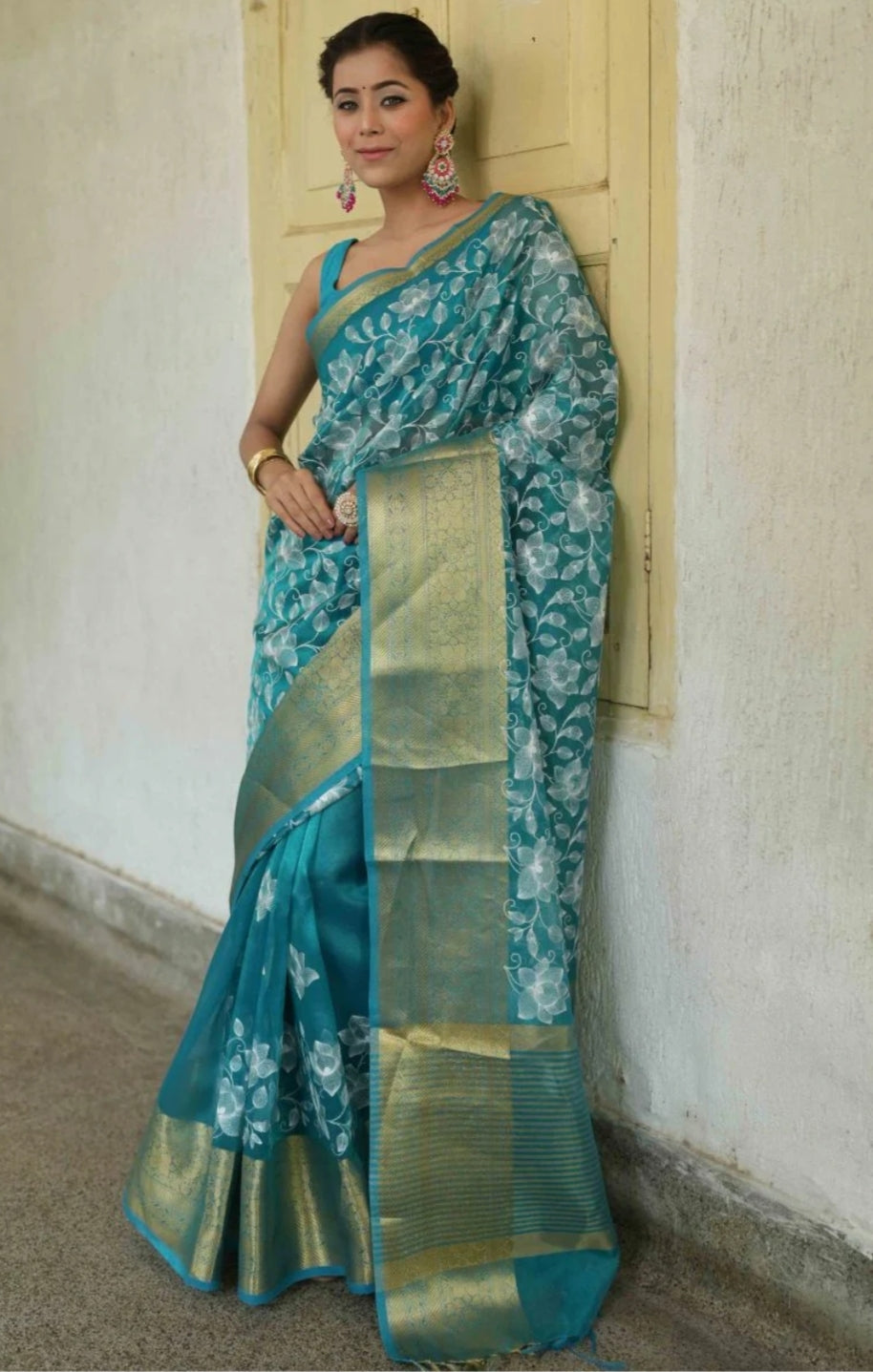 Organza Silk Chikankari Resham Embroidery Work Saree