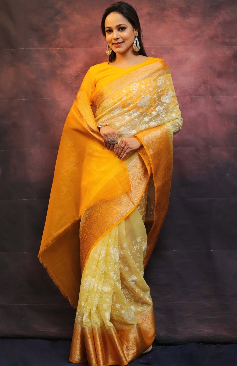 Organza Silk Chikankari Resham Embroidery Work Saree