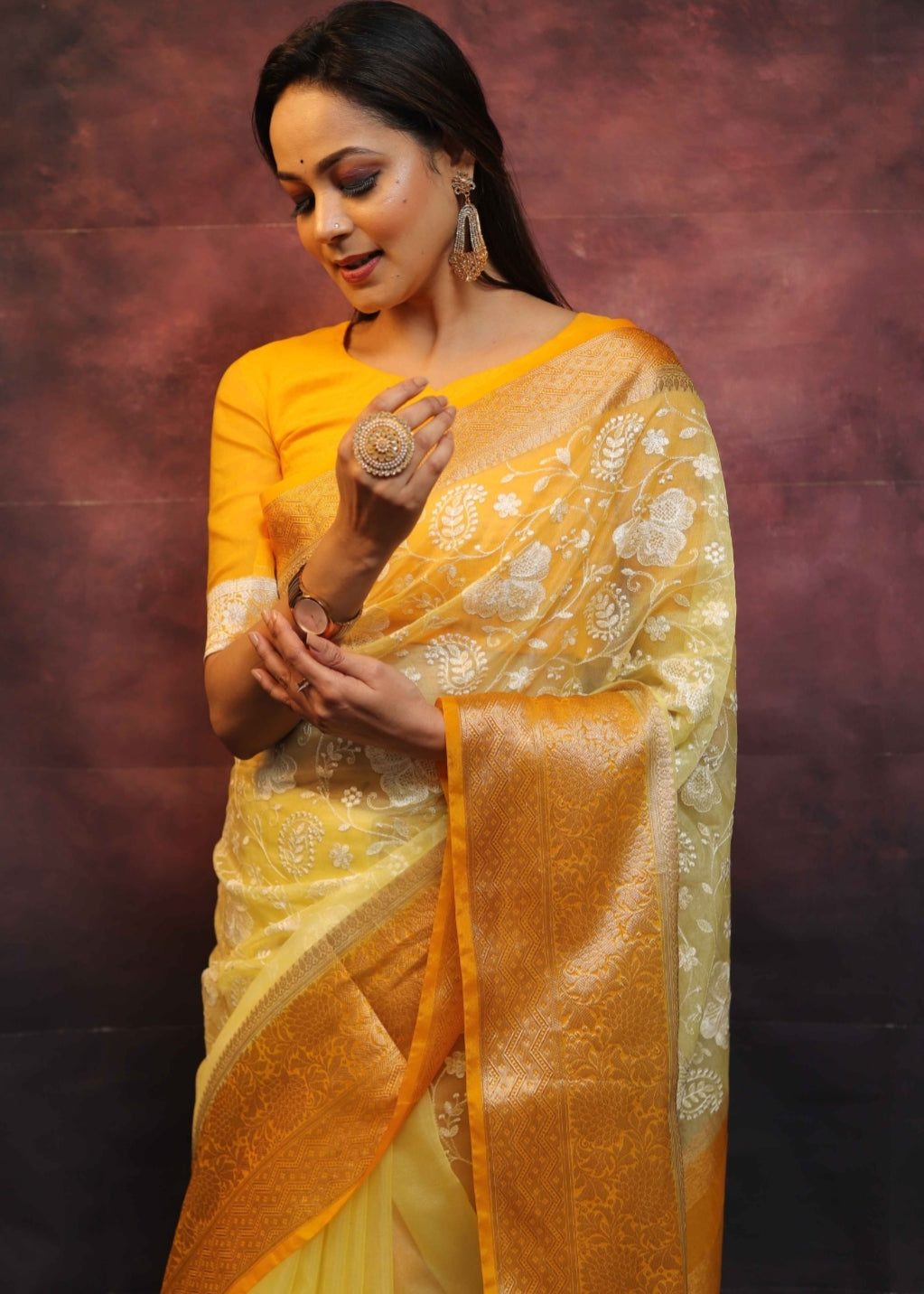 Organza Silk Chikankari Resham Embroidery Work Saree