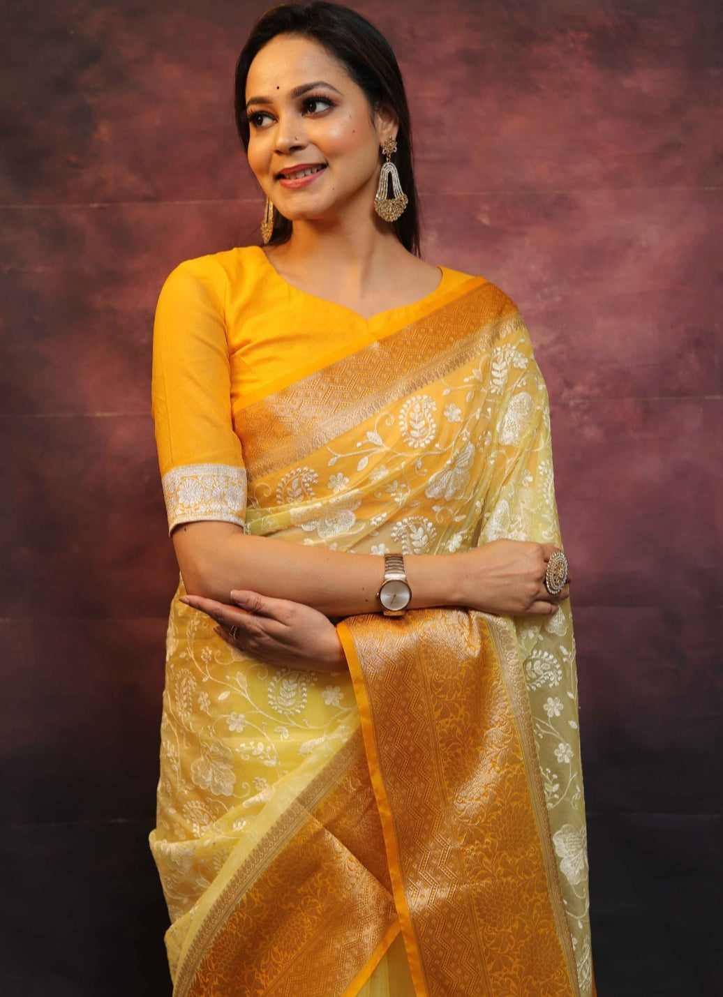 Organza Silk Chikankari Resham Embroidery Work Saree