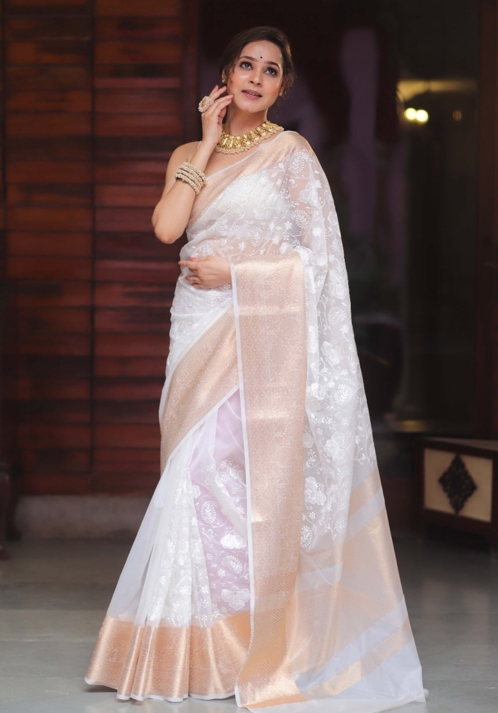 Organza Silk Chikankari Resham Embroidery Work Saree