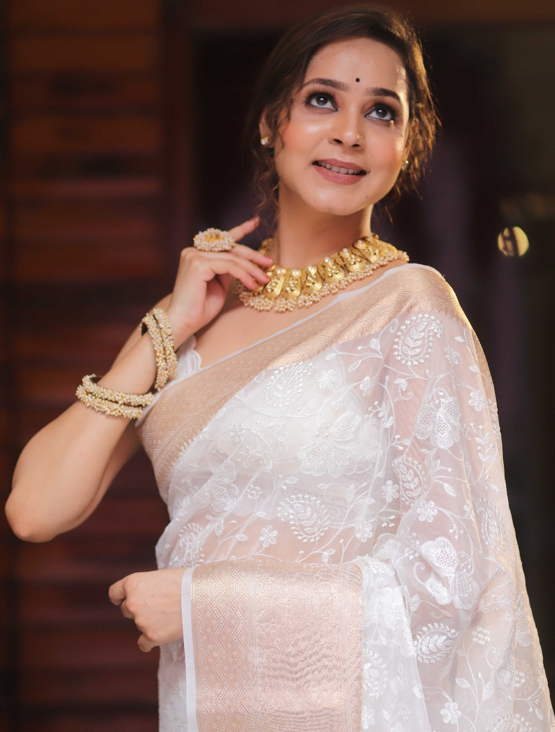 Organza Silk Chikankari Resham Embroidery Work Saree