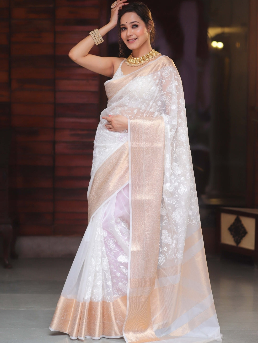 Organza Silk Chikankari Resham Embroidery Work Saree