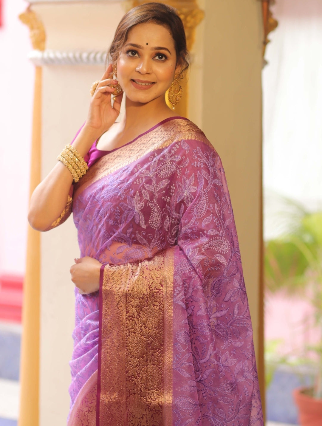 Organza Silk Chikankari Resham Embroidery Work Saree