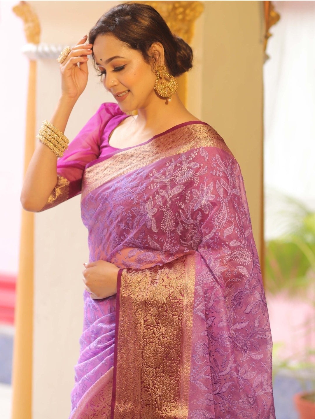 Organza Silk Chikankari Resham Embroidery Work Saree