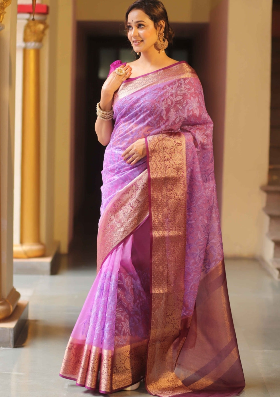 Organza Silk Chikankari Resham Embroidery Work Saree