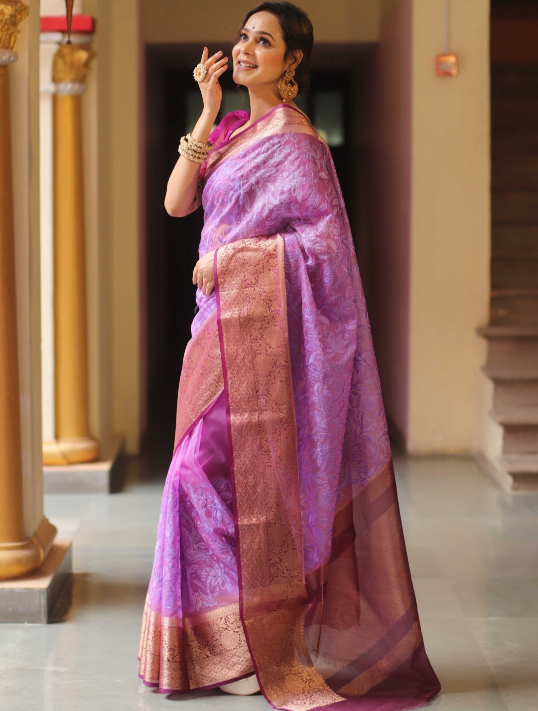 Organza Silk Chikankari Resham Embroidery Work Saree