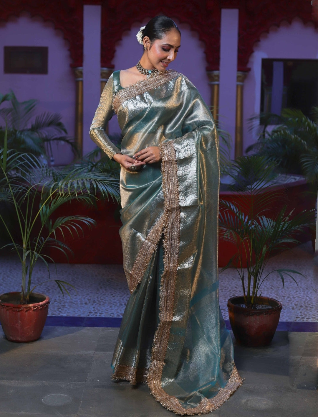 Banarasi Tissue Silk Sequence Zari Lace Saree With Dual Tone Pattern