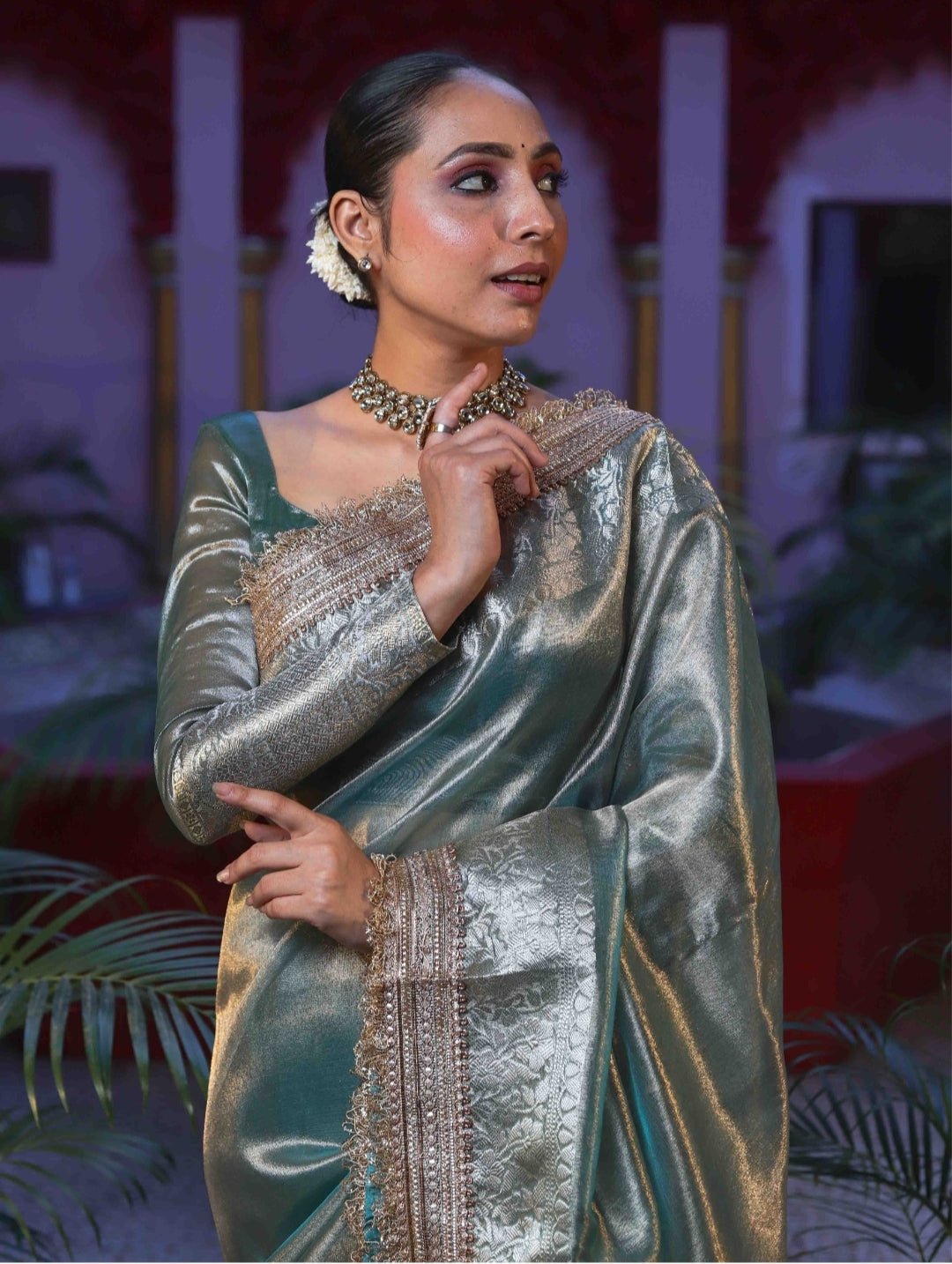 Banarasi Tissue Silk Sequence Zari Lace Saree With Dual Tone Pattern