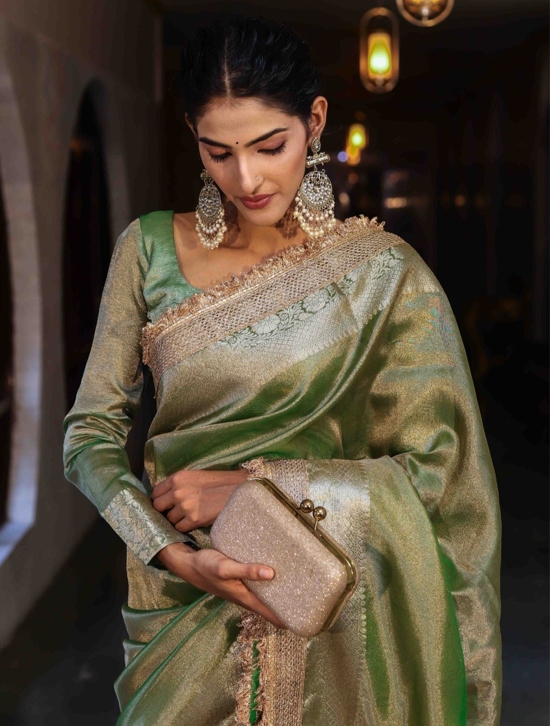 Banarasi Tissue Silk Sequence Zari Lace Saree With Dual Tone Pattern