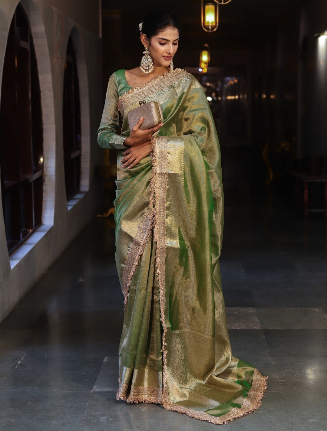 Banarasi Tissue Silk Sequence Zari Lace Saree With Dual Tone Pattern