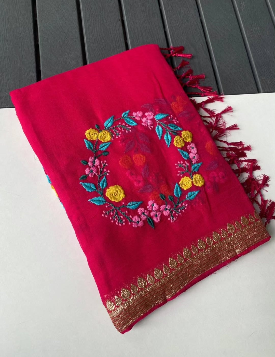 Premium Chiffon Silk Saree with Resham Embroidery Work