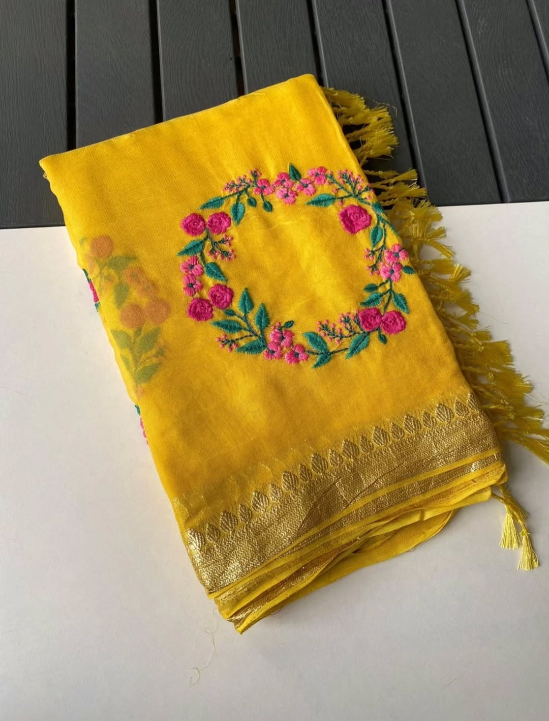 Premium Chiffon Silk Saree with Resham Embroidery Work