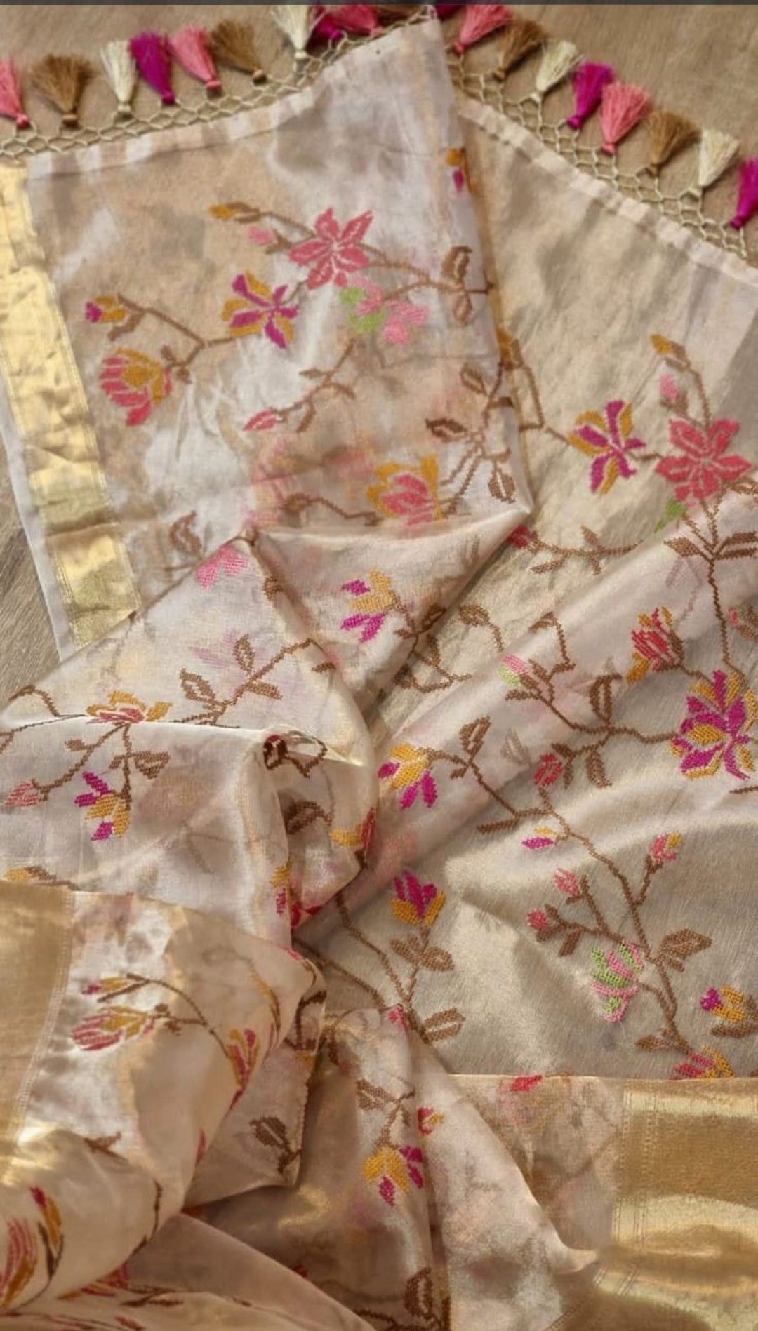 Premium Banarasi Tissue Silk Chikankari Embroidery Work Saree