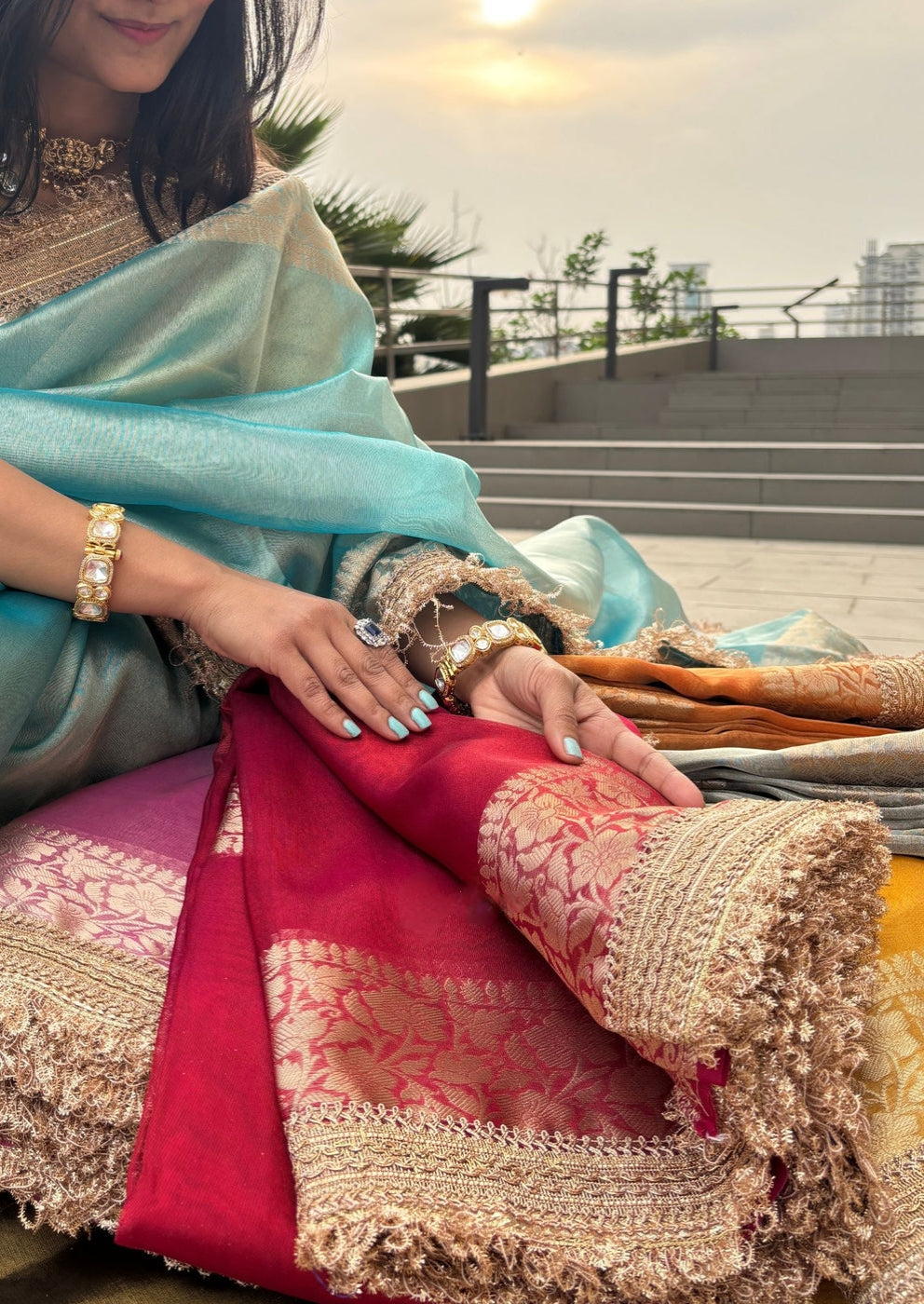 Banarasi Tissue Silk Sequence Zari Lace Saree With Dual Tone Pattern