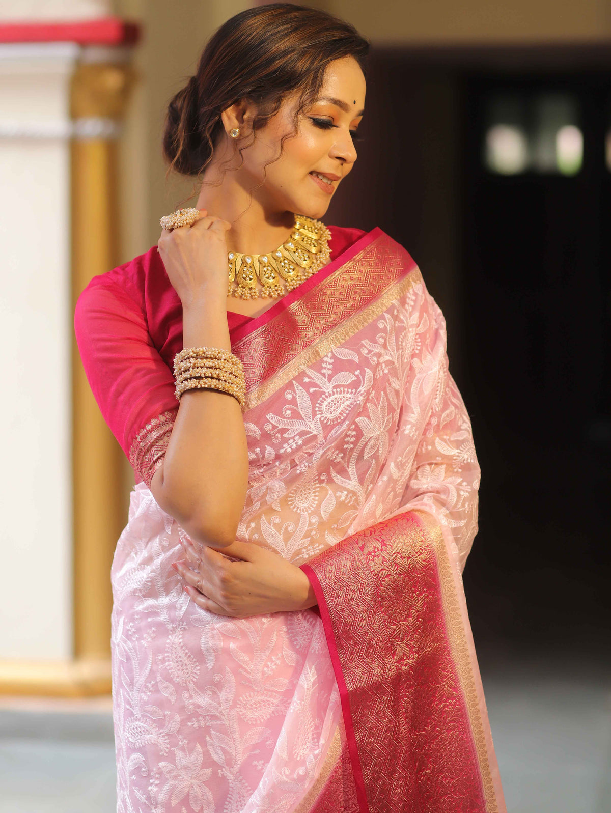 Organza Silk Chikankari Resham Embroidery Work Saree