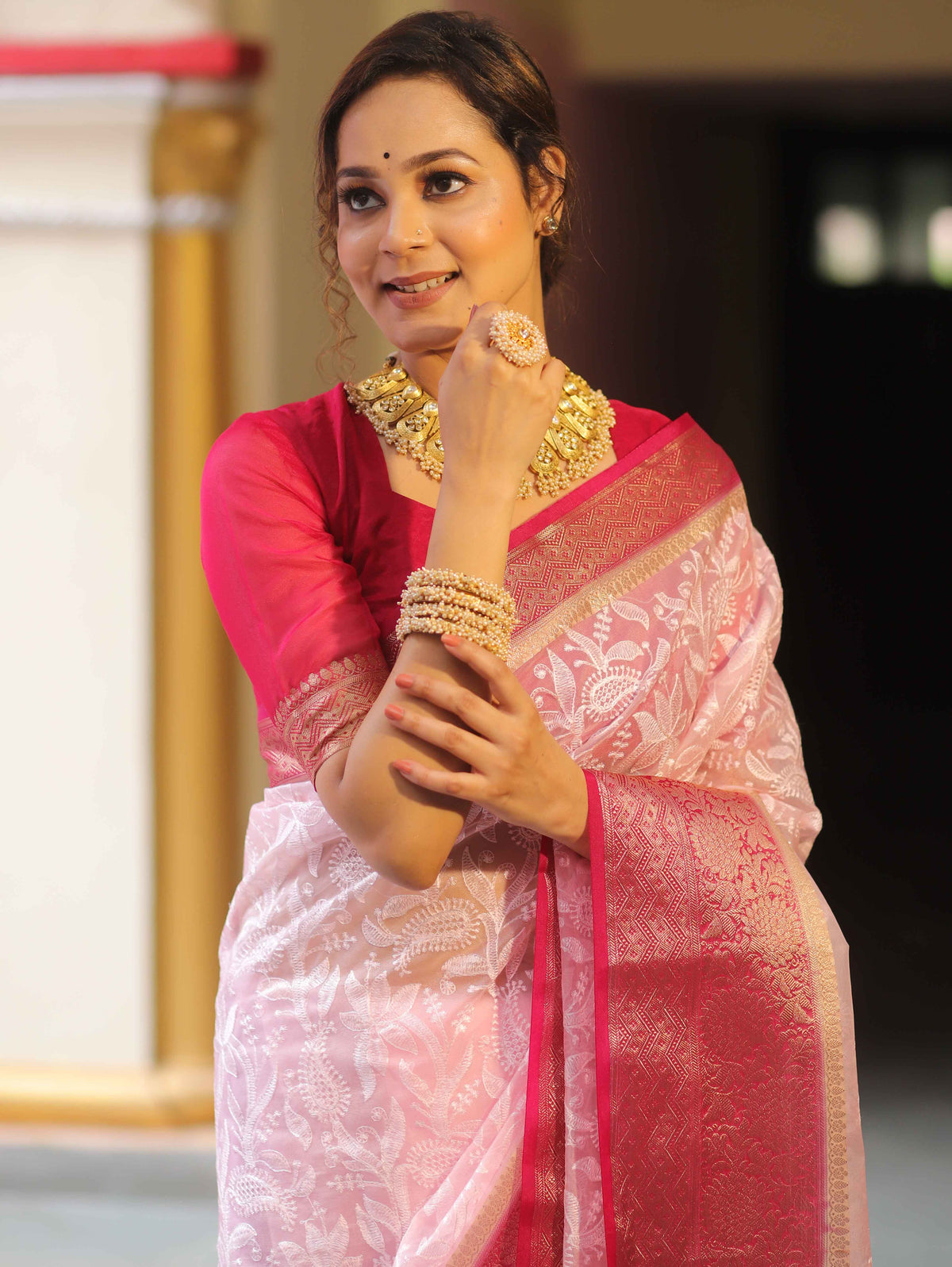 Organza Silk Chikankari Resham Embroidery Work Saree