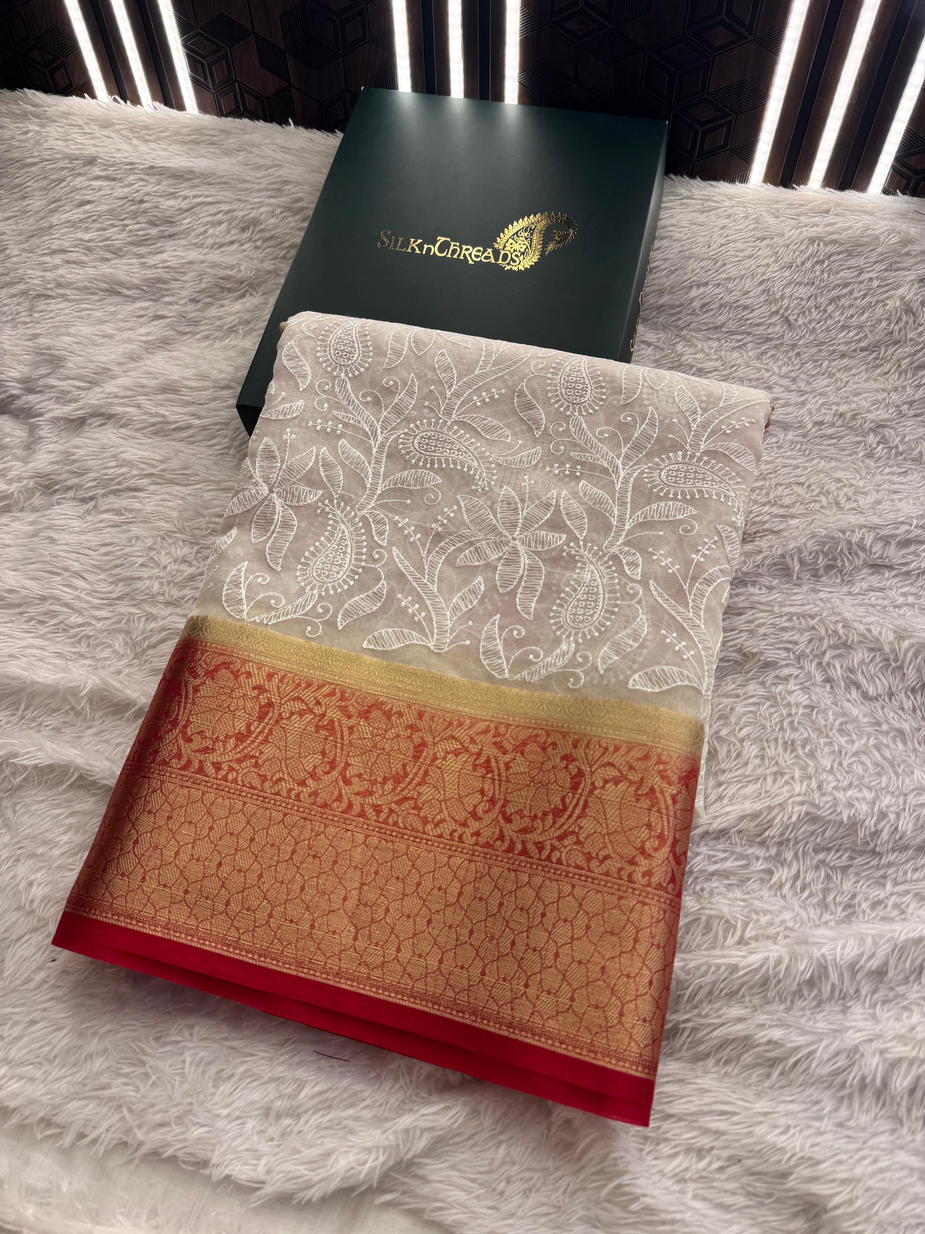 Organza Shimmer Silk Chikankari Resham Embroidery Work Saree