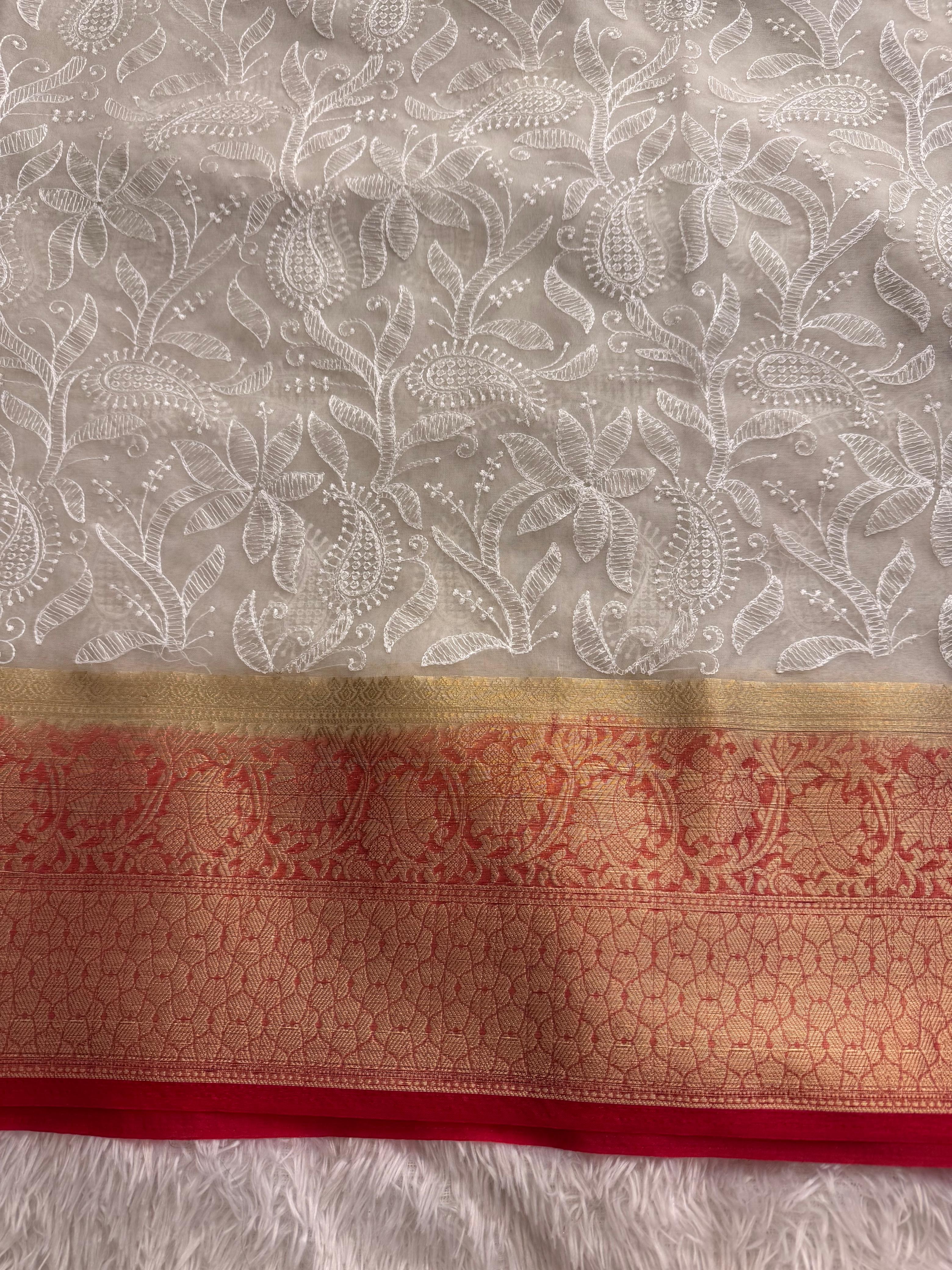 Organza Shimmer Silk Chikankari Resham Embroidery Work Saree
